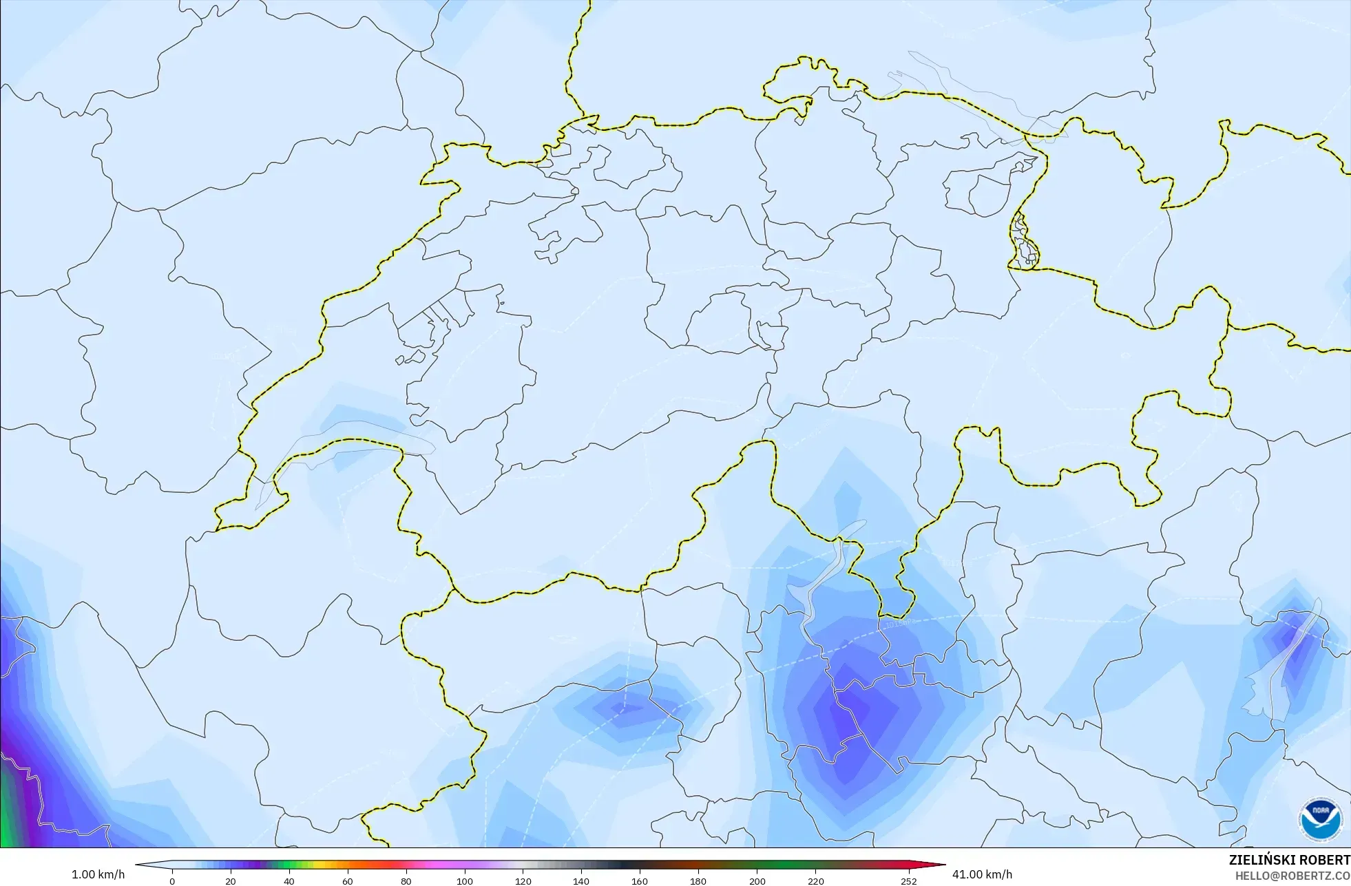 GFS modelo - Suíça, Rajadas de Vento Máximas