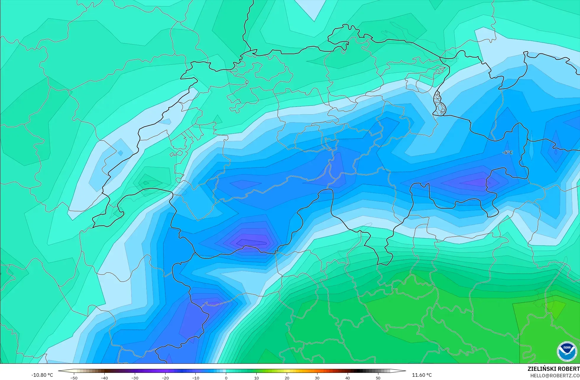 GFS modelo - Suíça, Temperatura a 2 m