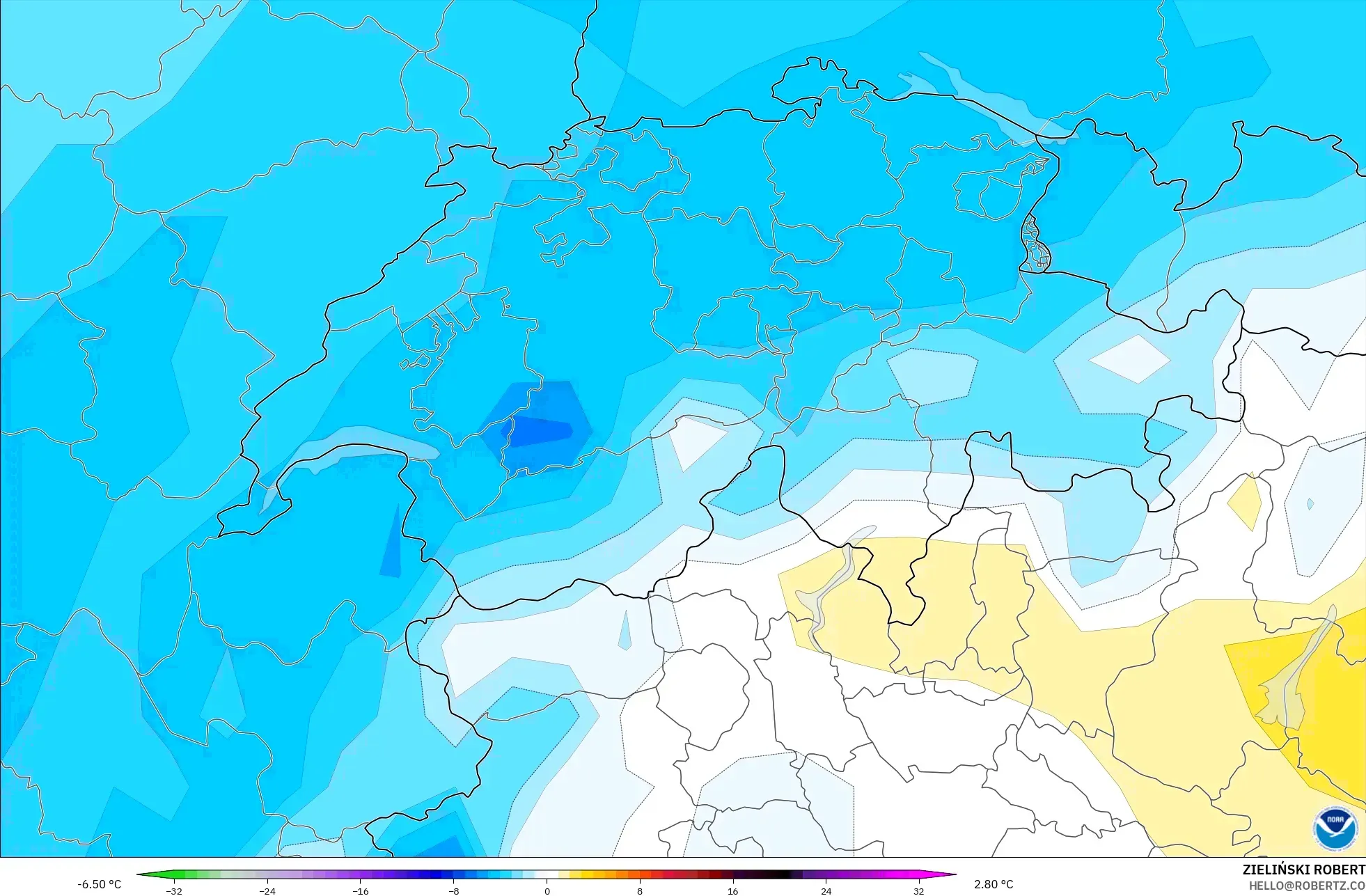 GFS modelo - Suíça, Anomalia de temperatura a 850 hPa