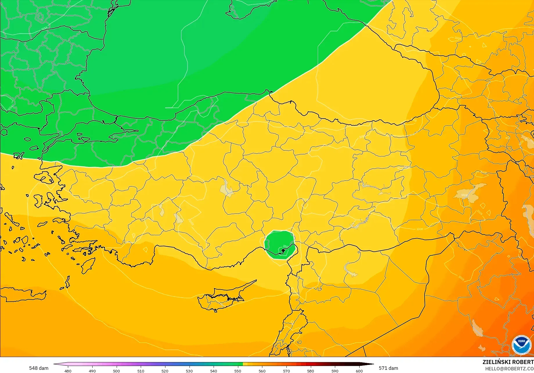 GFS modelo - Turquia, Altura geopotencial a 500 hPa