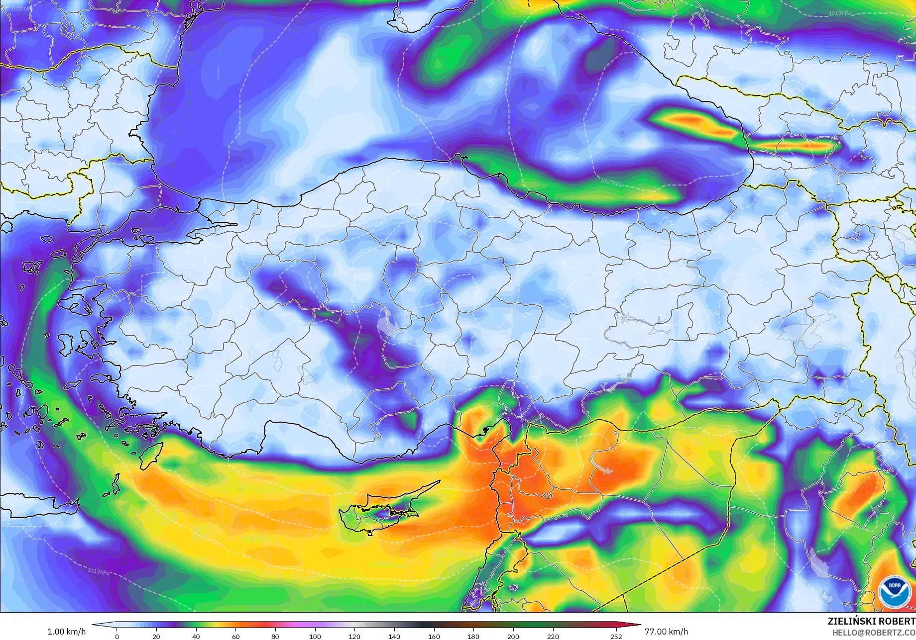 GFS modelo - Turquia, Rajadas de Vento Máximas
