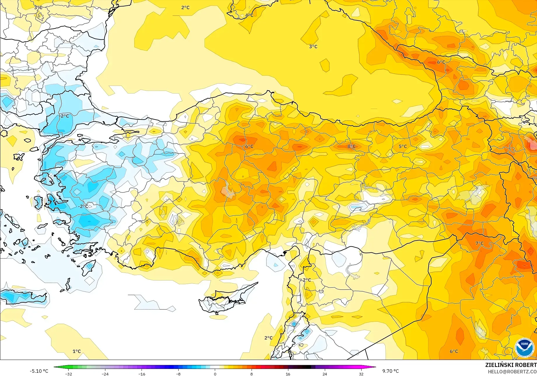 GFS modelo - Turquia, Anomalia de temperatura a 2 m