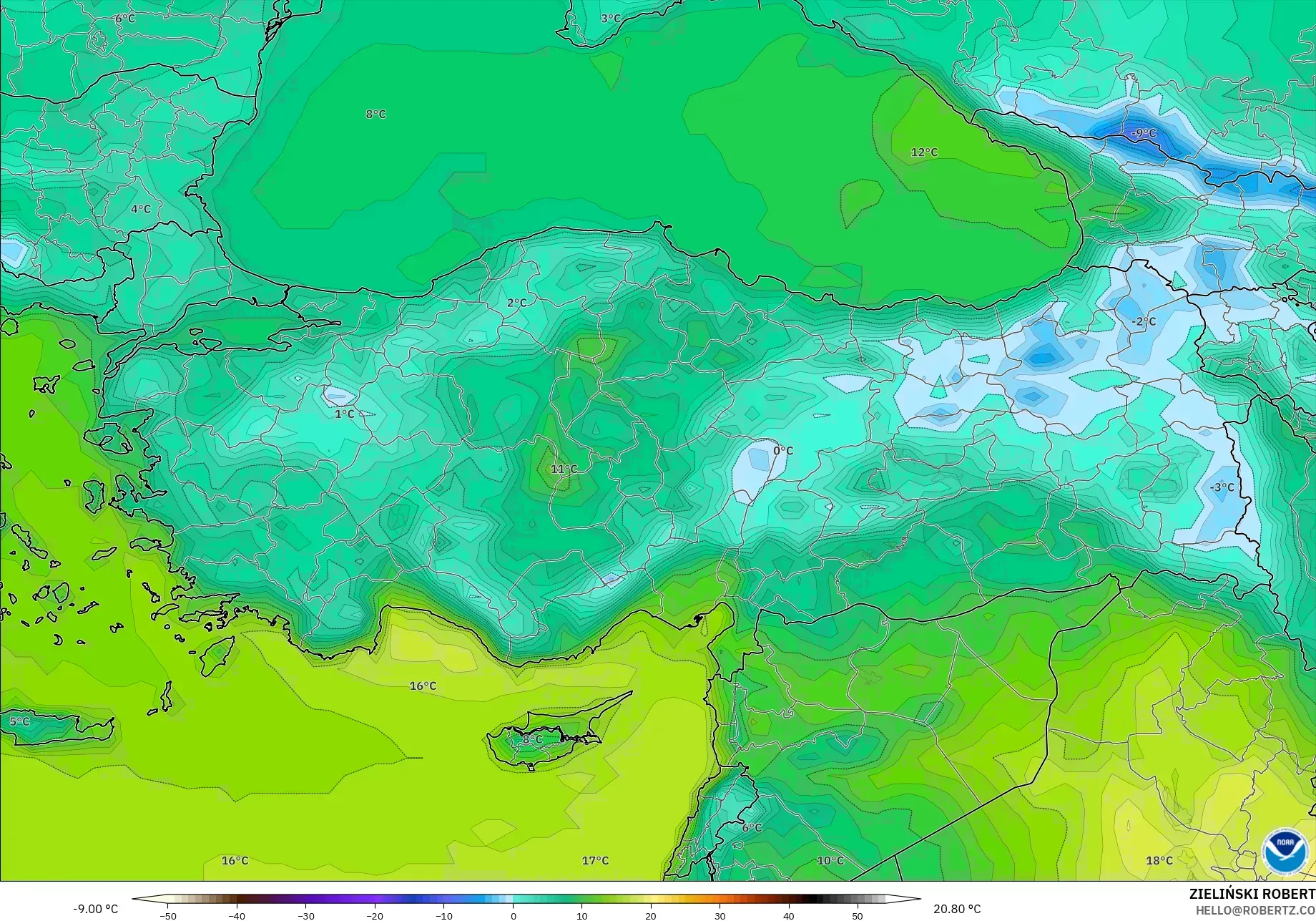 GFS modelo - Turquia, Temperatura a 2 m