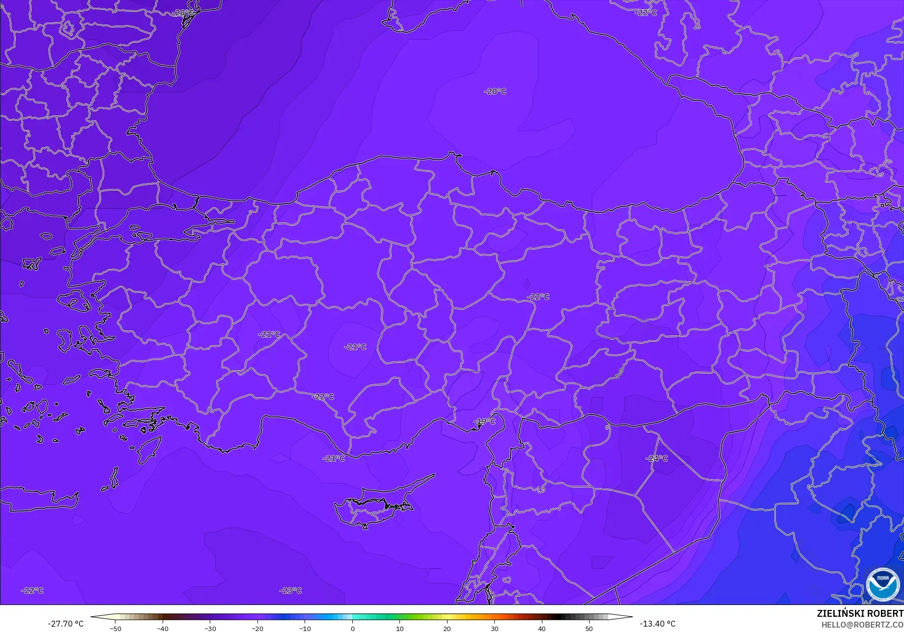 GFS modelo - Turquia, Temperatura a 500 hPa