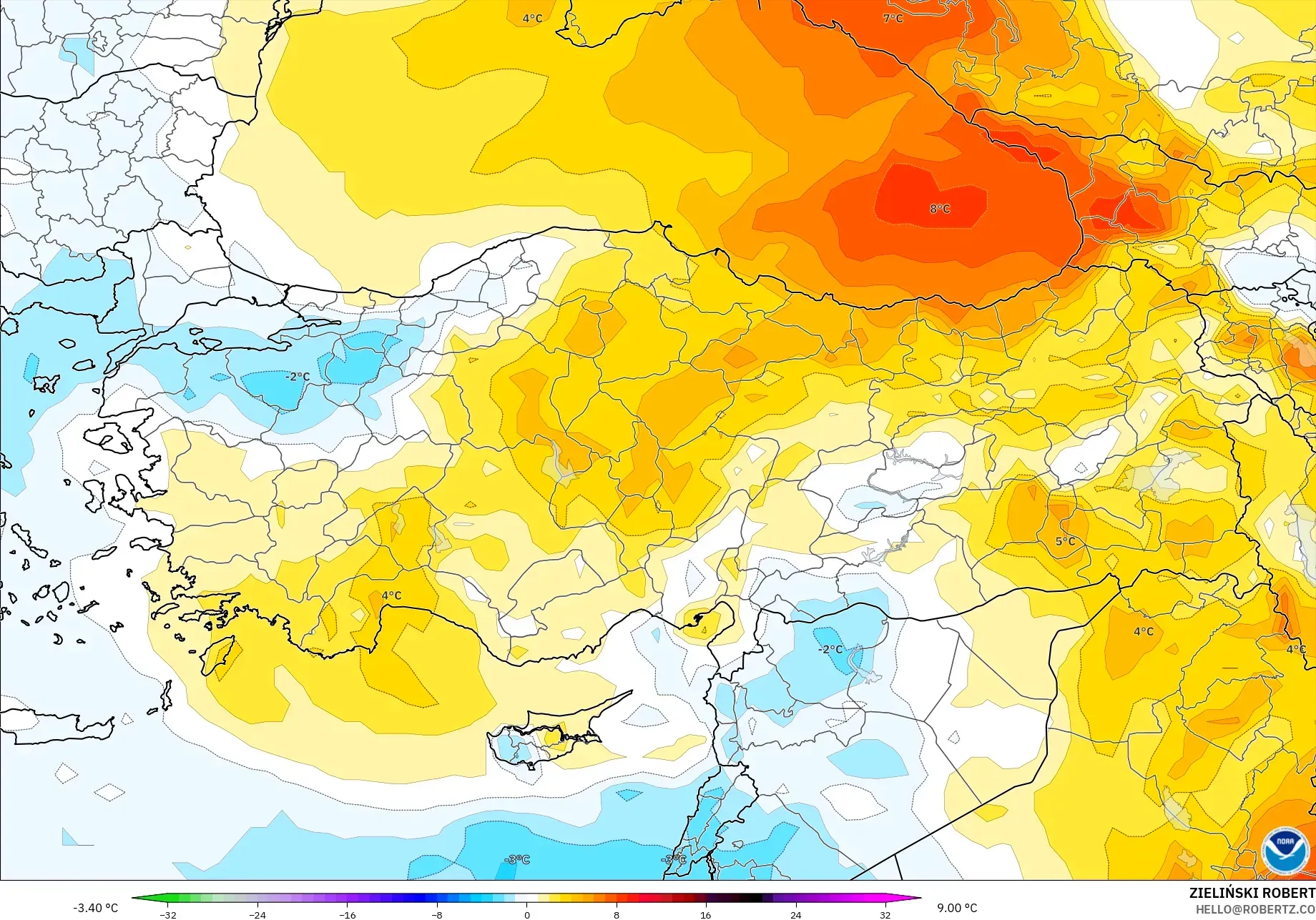 GFS modelo - Turquia, Anomalia de temperatura a 850 hPa