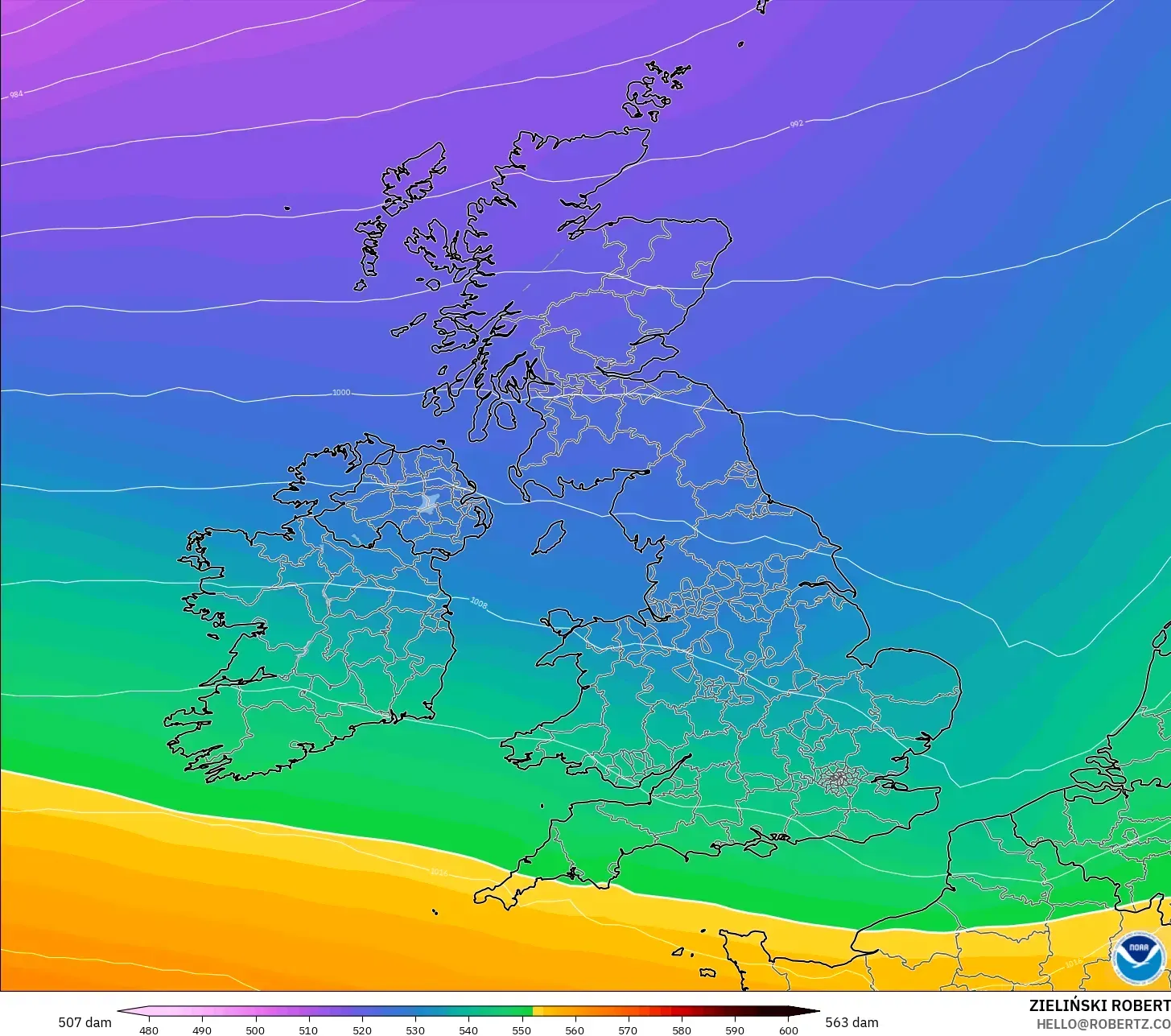 GFS modelo - Reino Unido, Altura geopotencial a 500 hPa