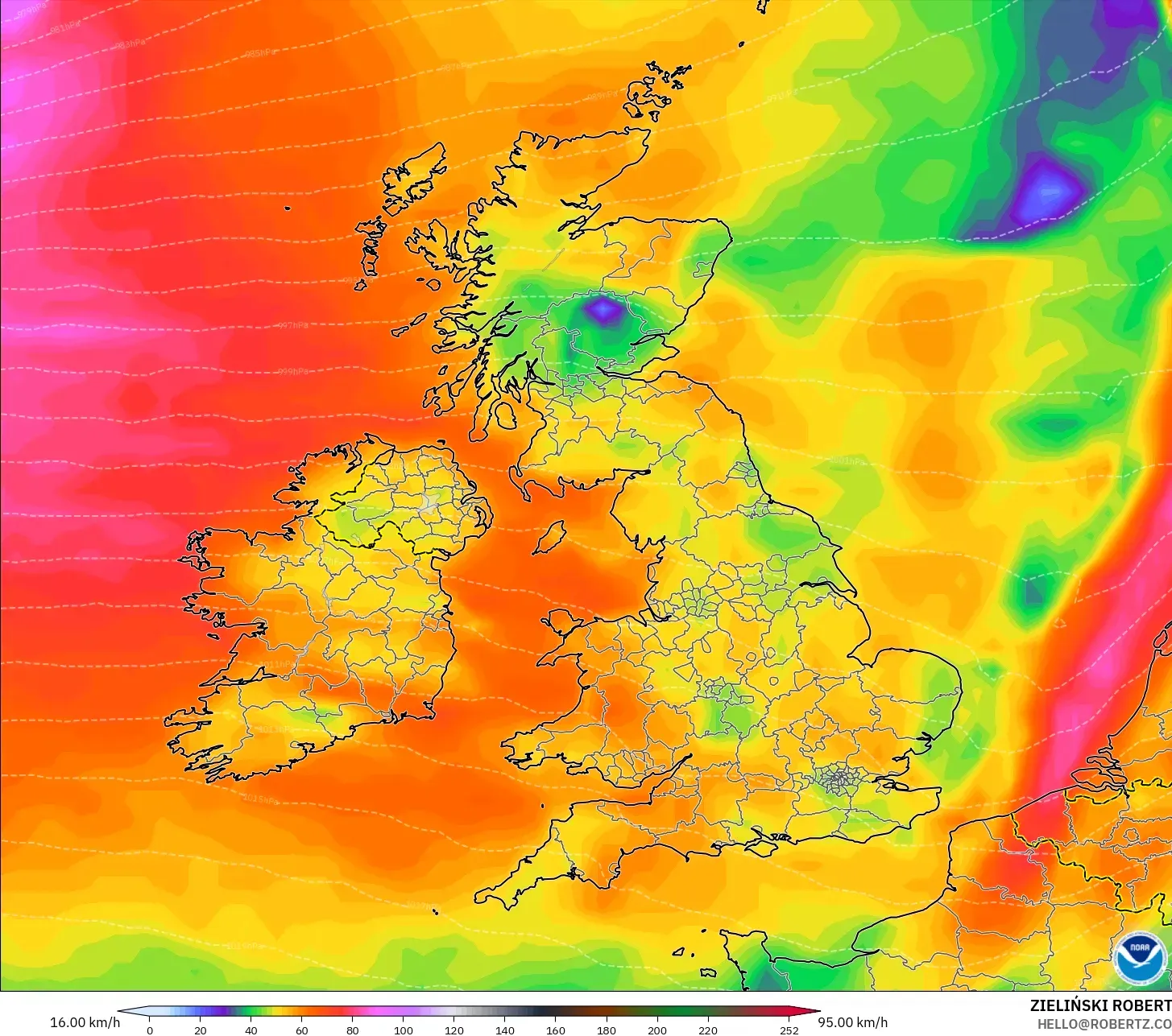 GFS modelo - Reino Unido, Rajadas de Vento Máximas