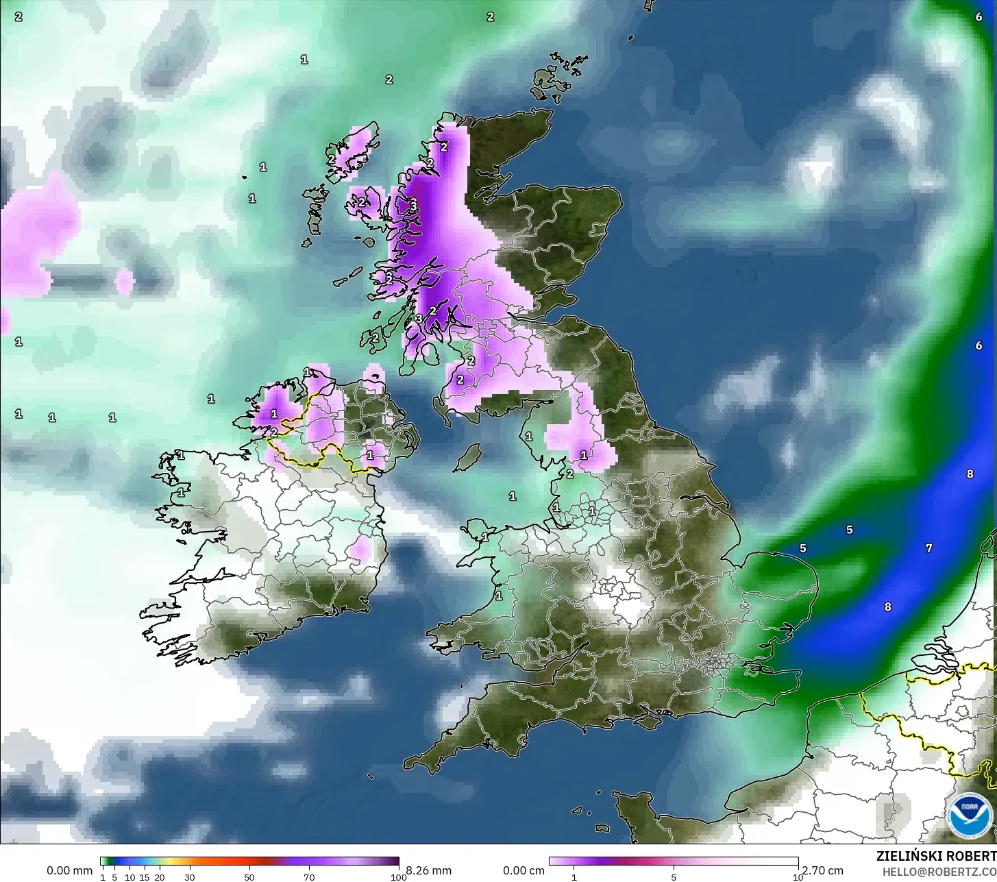 GFS modelo - Reino Unido, Precipitação, nuvens e pressão