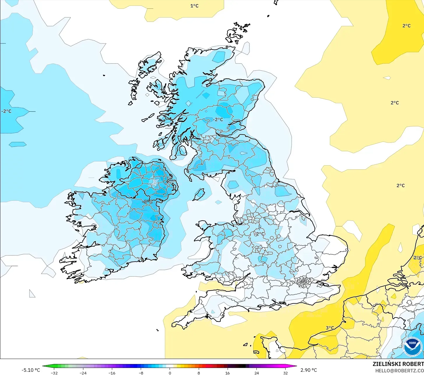 GFS modelo - Reino Unido, Anomalia de temperatura a 2 m