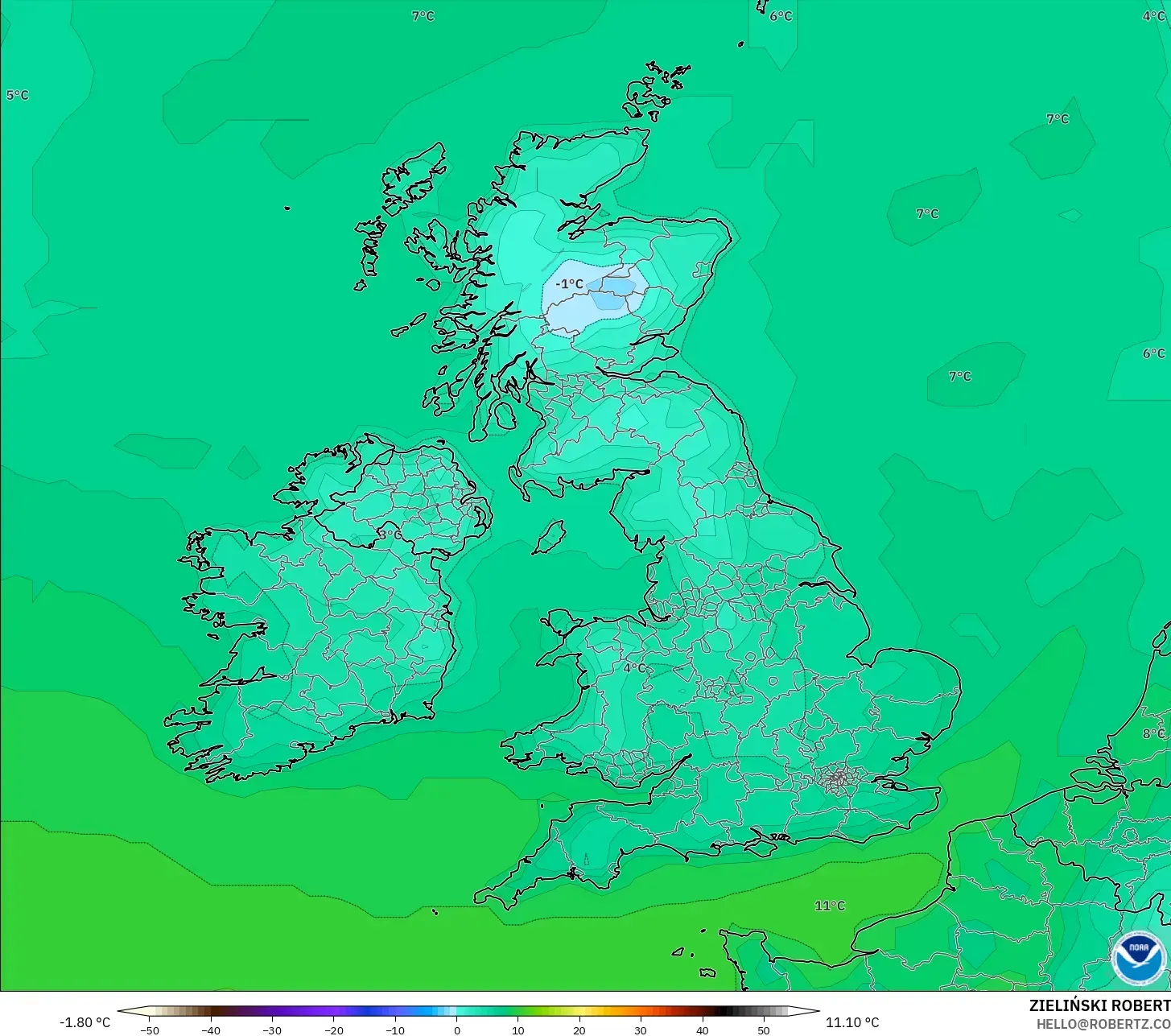 GFS modelo - Reino Unido, Temperatura a 2 m