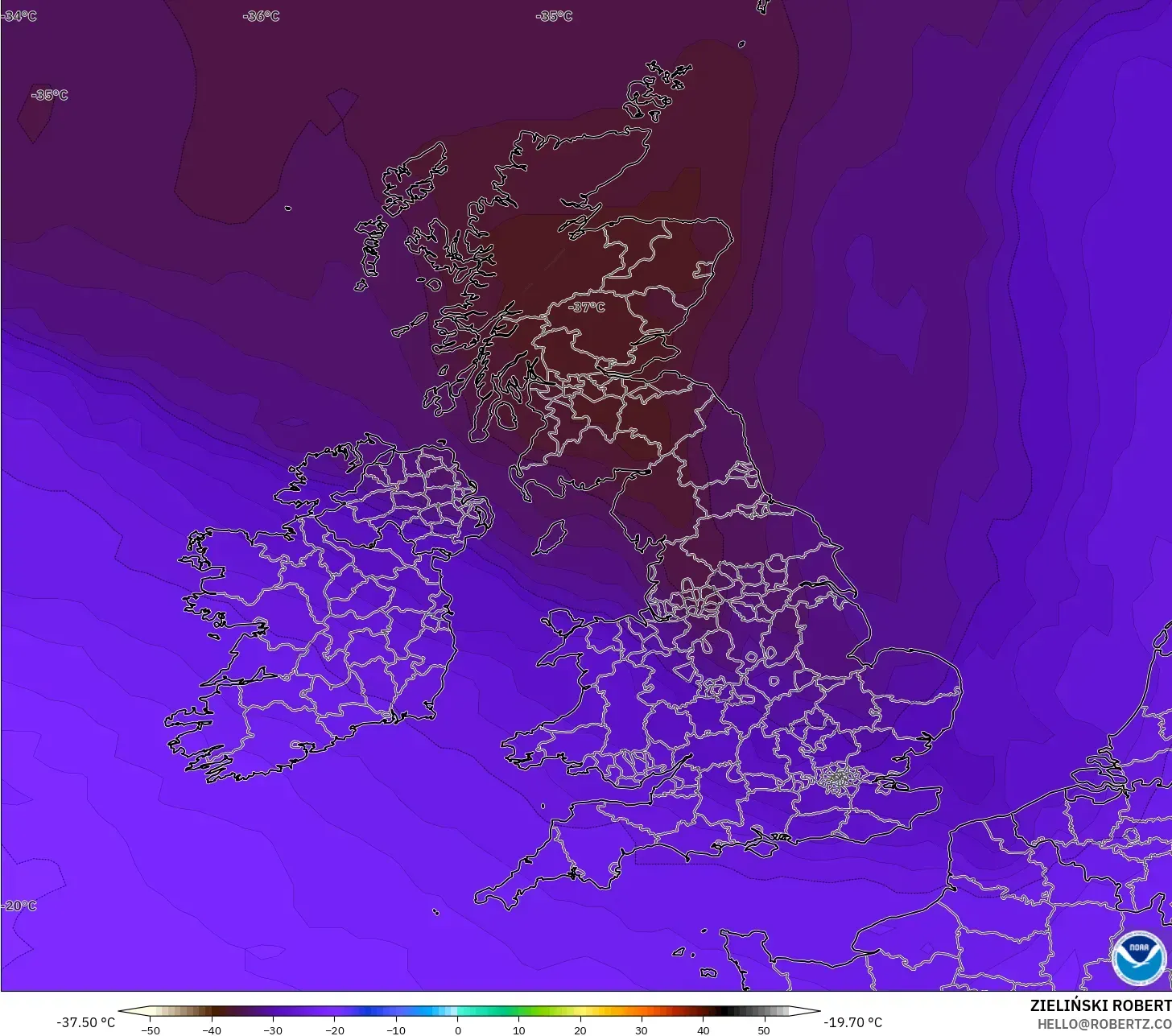 GFS modelo - Reino Unido, Temperatura a 500 hPa