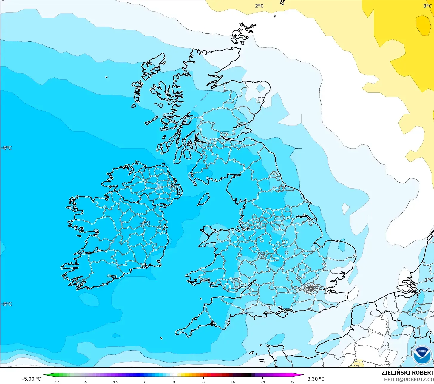 GFS modelo - Reino Unido, Anomalia de temperatura a 850 hPa