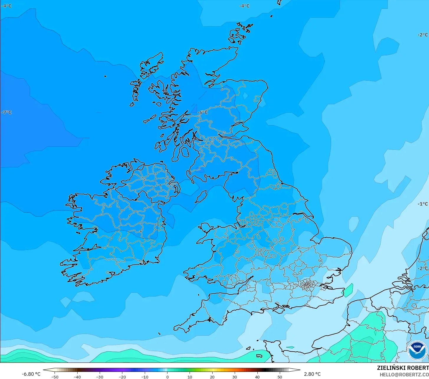 GFS modelo - Reino Unido, Temperatura a 850 hPa
