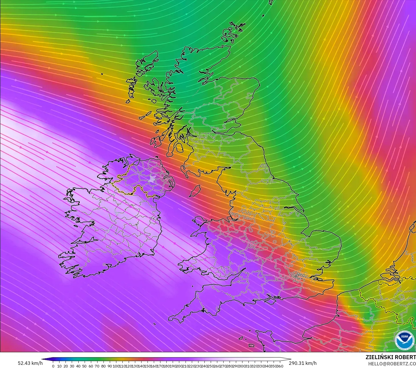 GFS modelo - Reino Unido, Vento a 300 hPa (corrente em jato)