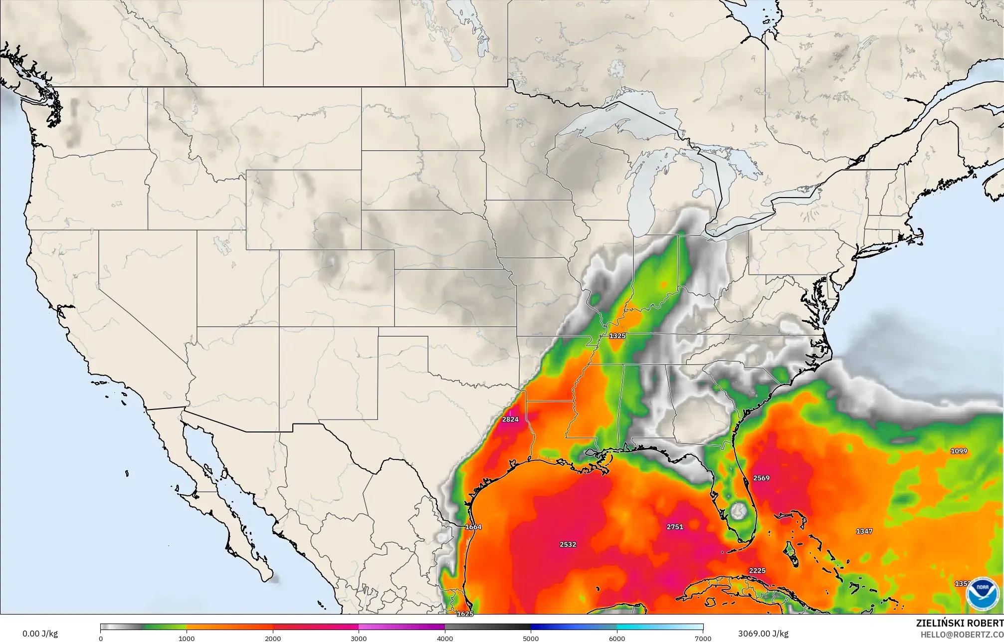 GFS modelo - Estados Unidos, CAPE