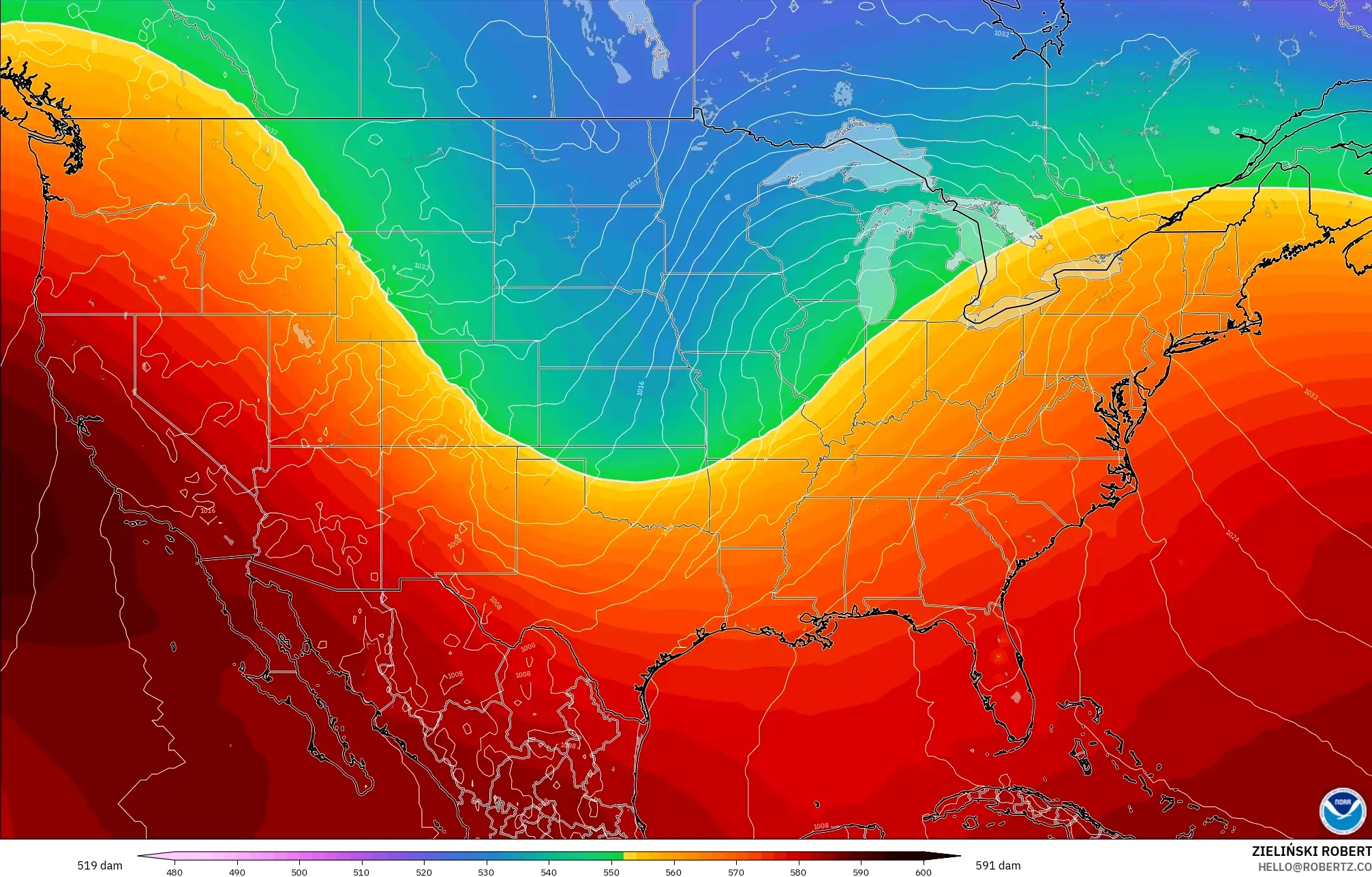 GFS modelo - Estados Unidos, Altura geopotencial a 500 hPa