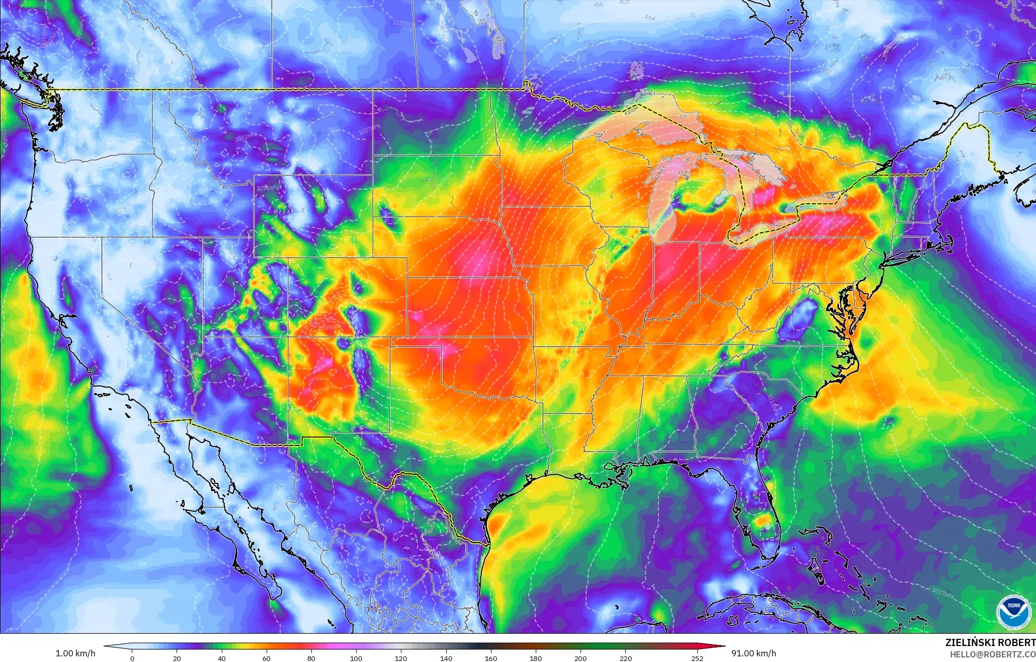 GFS modelo - Estados Unidos, Rajadas de vento