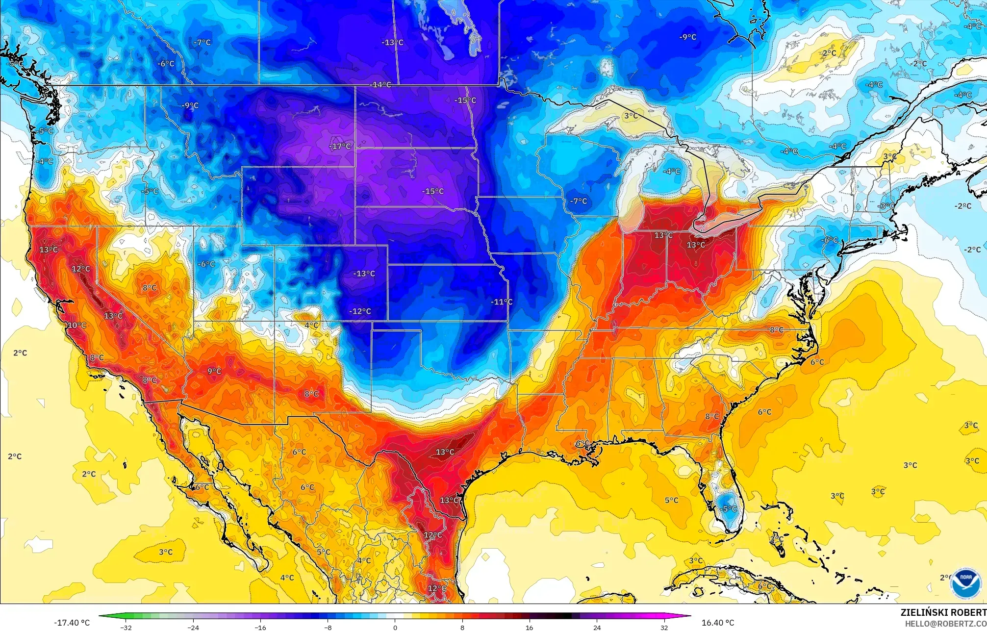 GFS modelo - Estados Unidos, Anomalia de temperatura a 2 m