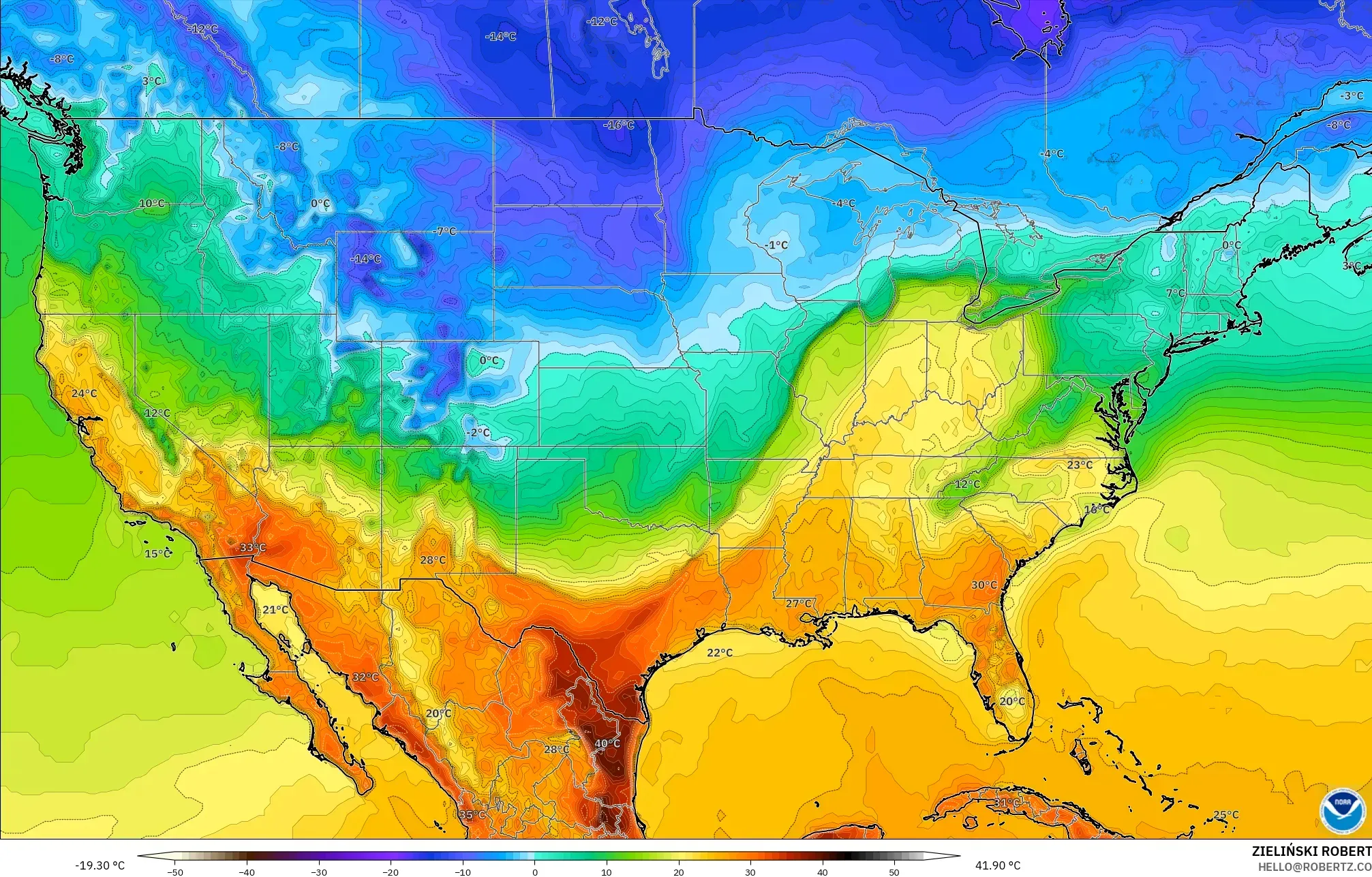 GFS modelo - Estados Unidos, Temperatura a 2 m
