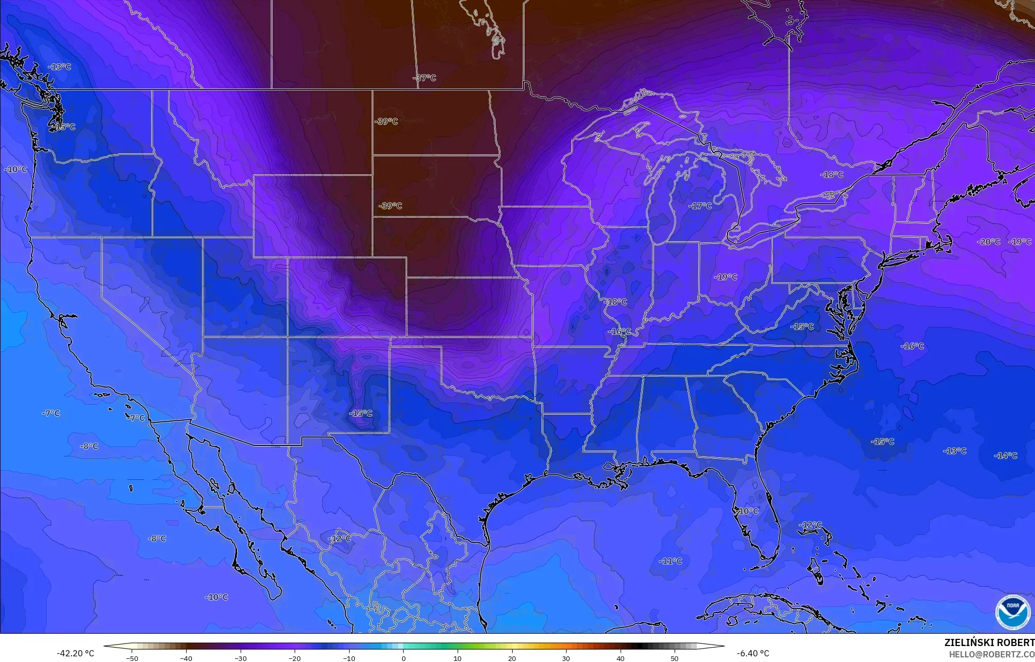GFS modelo - Estados Unidos, Temperatura a 500 hPa