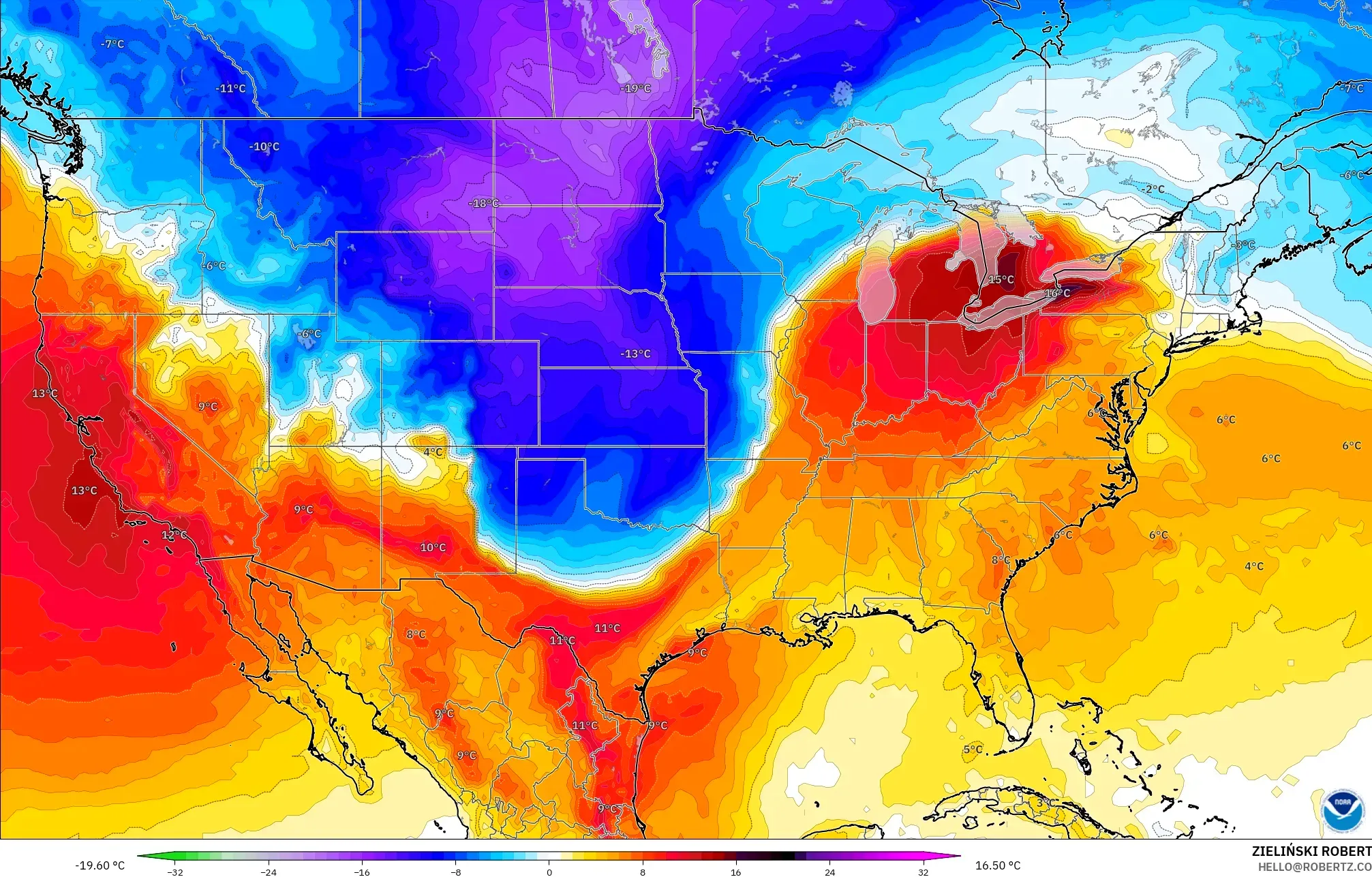 GFS modelo - Estados Unidos, Anomalia de temperatura a 850 hPa