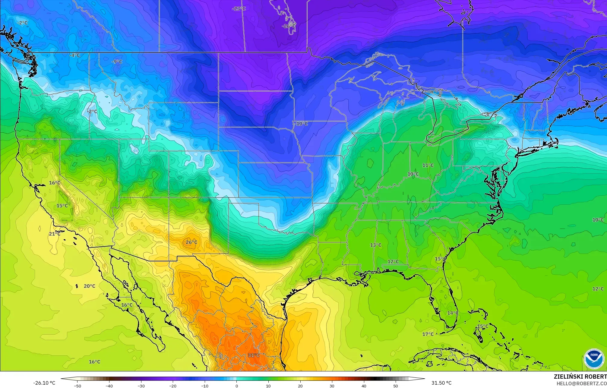 GFS modelo - Estados Unidos, Temperatura a 850 hPa