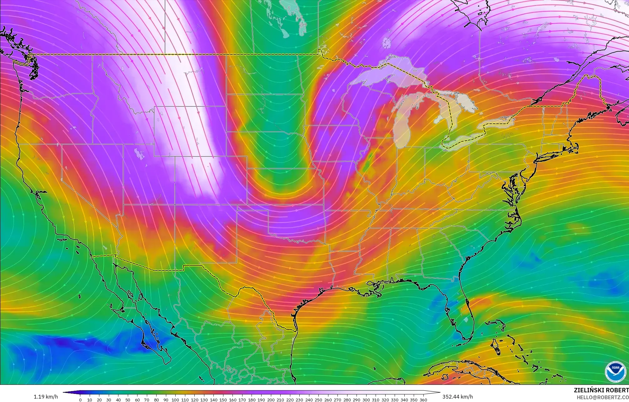 GFS modelo - Estados Unidos, Vento a 300 hPa (corrente em jato)