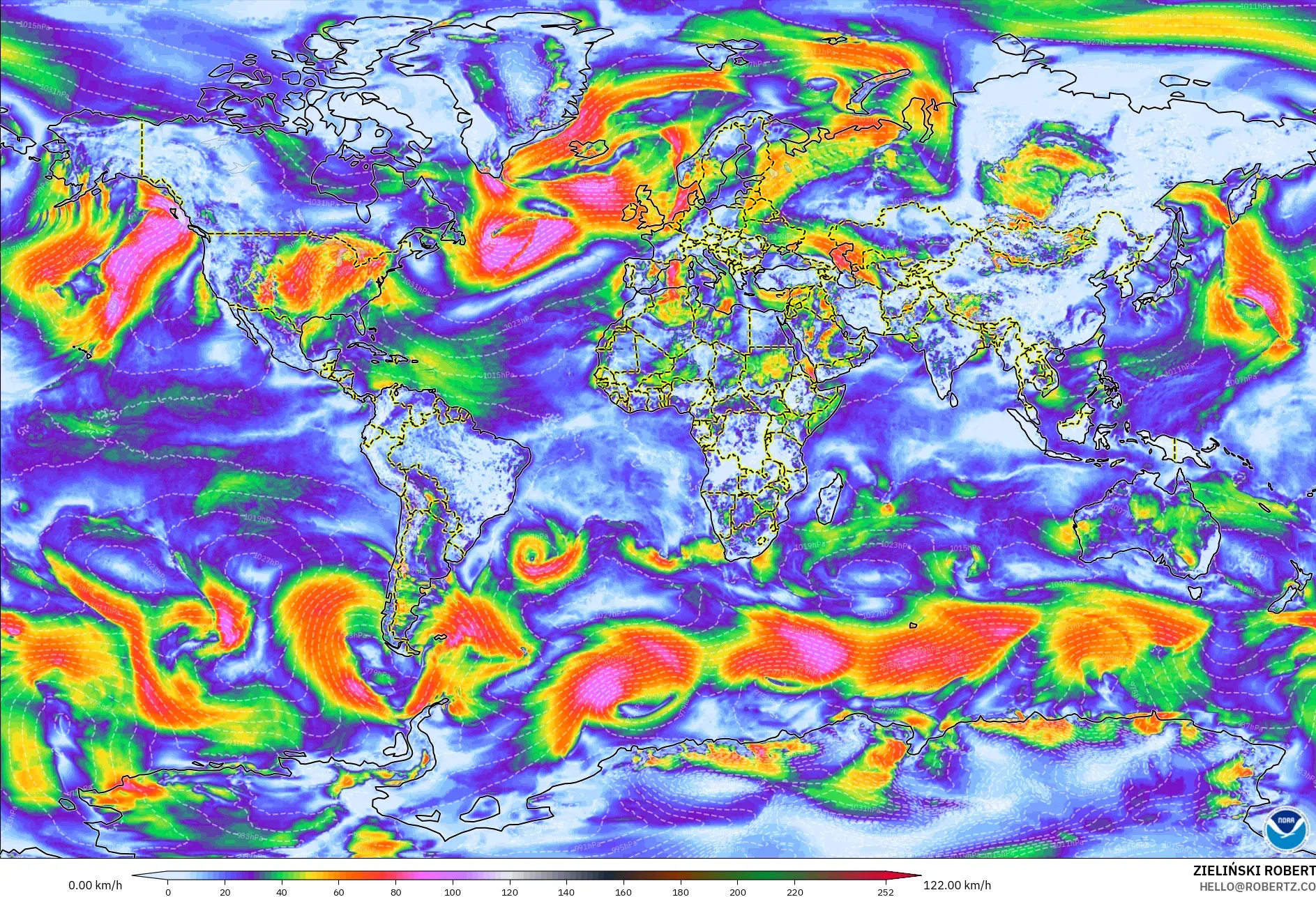 GFS modelo - Mundo, Rajadas de Vento Máximas