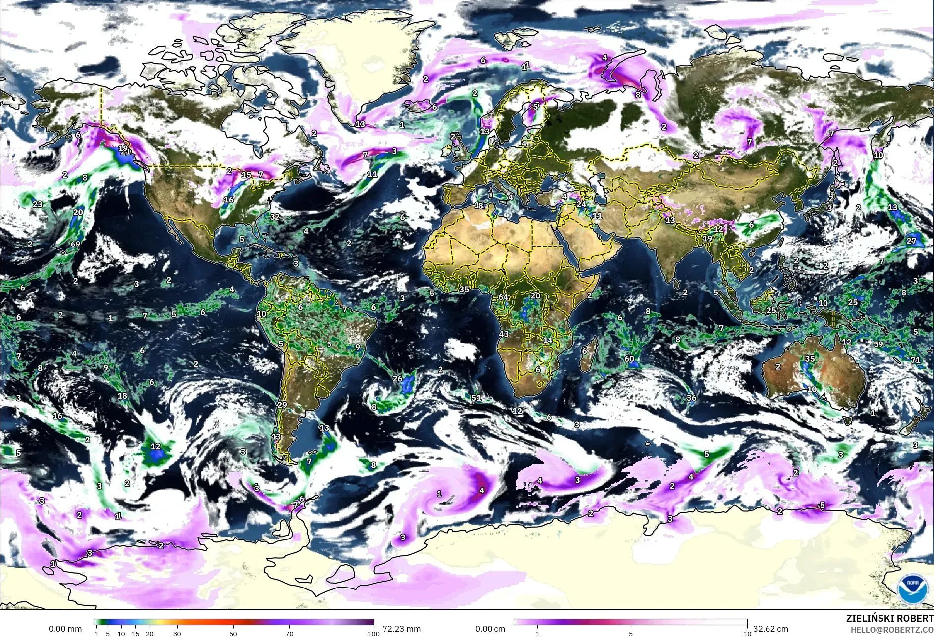 GFS modelo - Mundo, Precipitação, nuvens e pressão