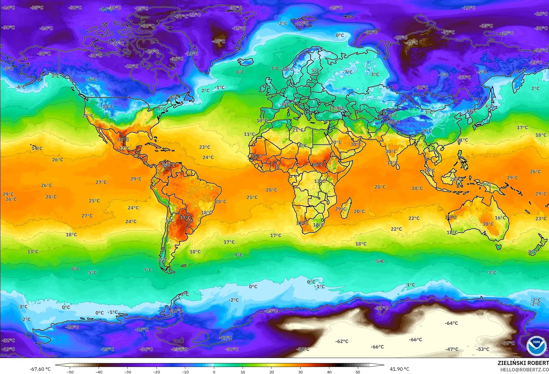 GFS modelo - Mundo, Temperatura a 2 m