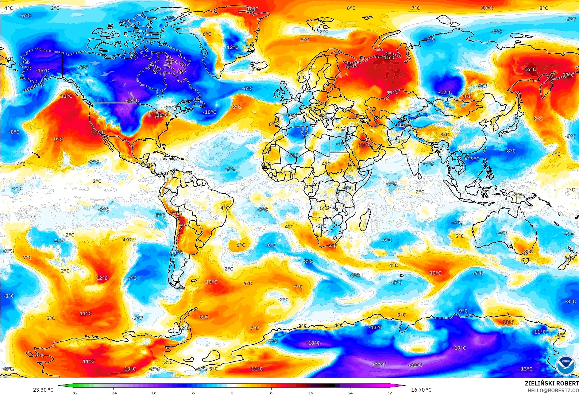 GFS modelo - Mundo, Anomalia de temperatura a 850 hPa