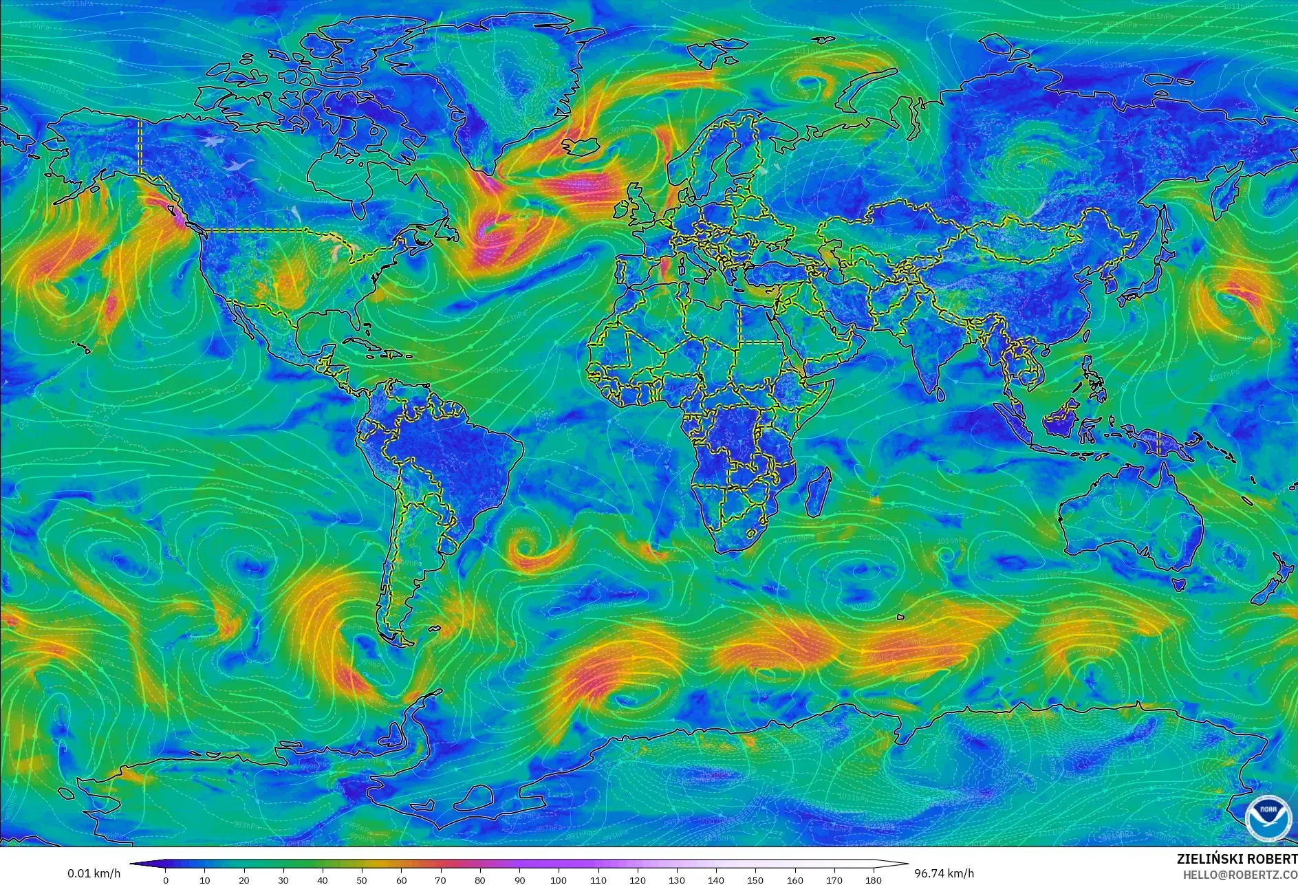 GFS modelo - Mundo, Vento a 10 m