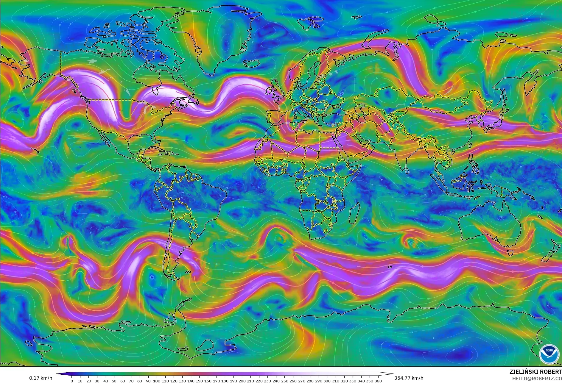 GFS modelo - Mundo, Vento a 300 hPa (corrente em jato)