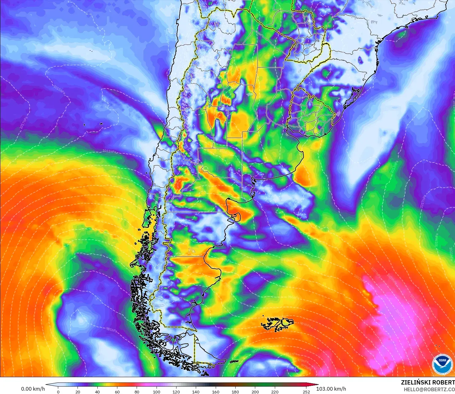 GFS modelo - Argentina, Rajadas de vento