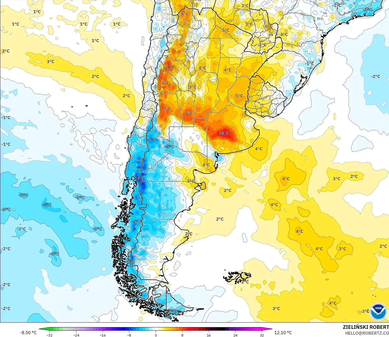 GFS modelo - Argentina, Anomalia de temperatura a 2 m