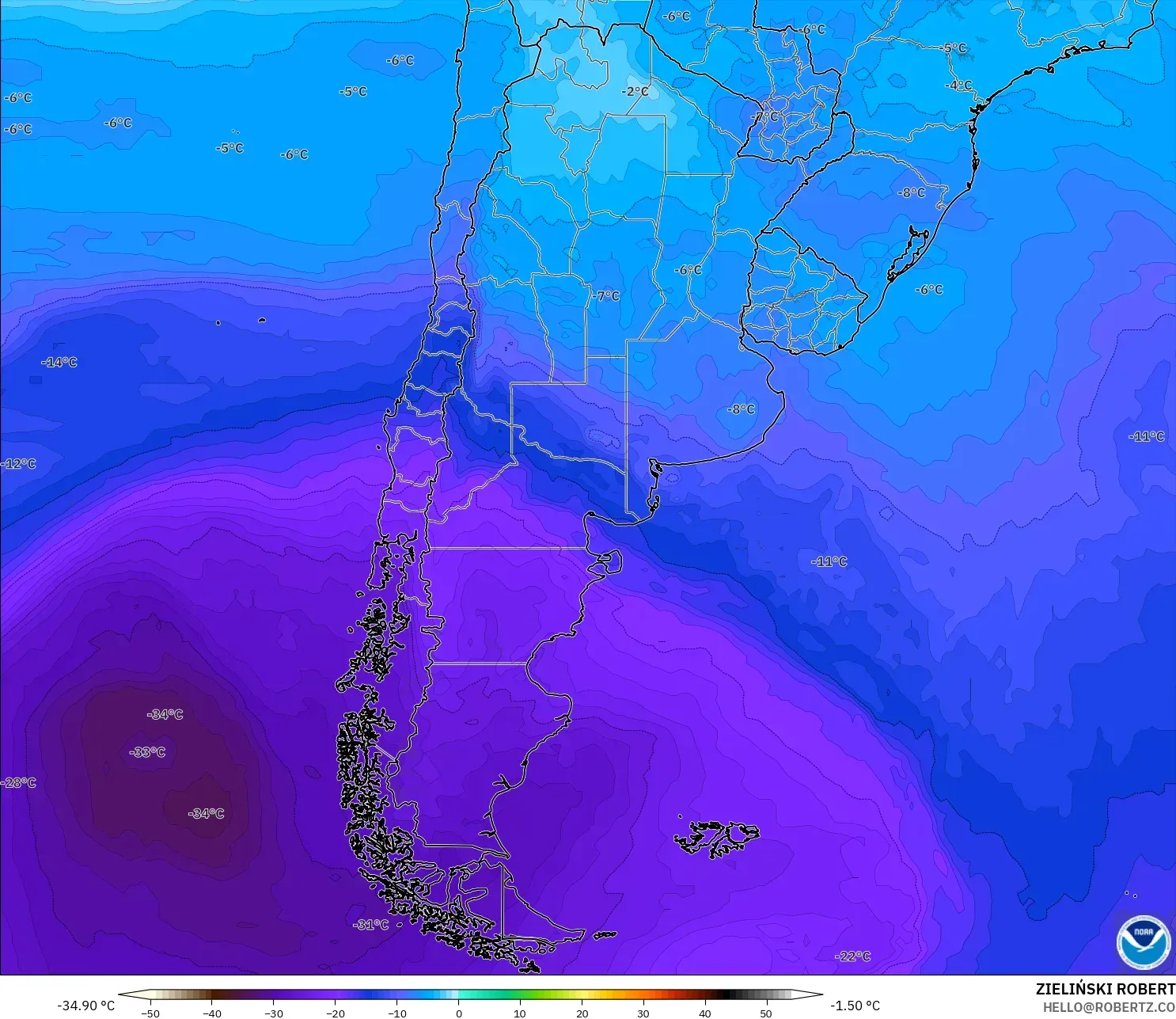GFS modelo - Argentina, Temperatura a 500 hPa