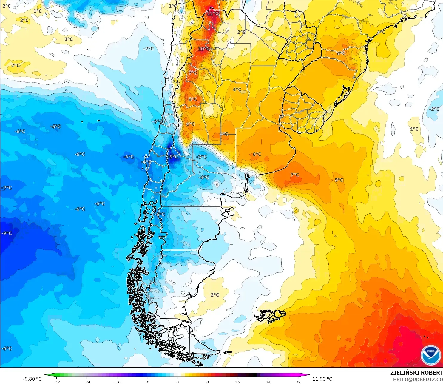 GFS modelo - Argentina, Anomalia de temperatura a 850 hPa