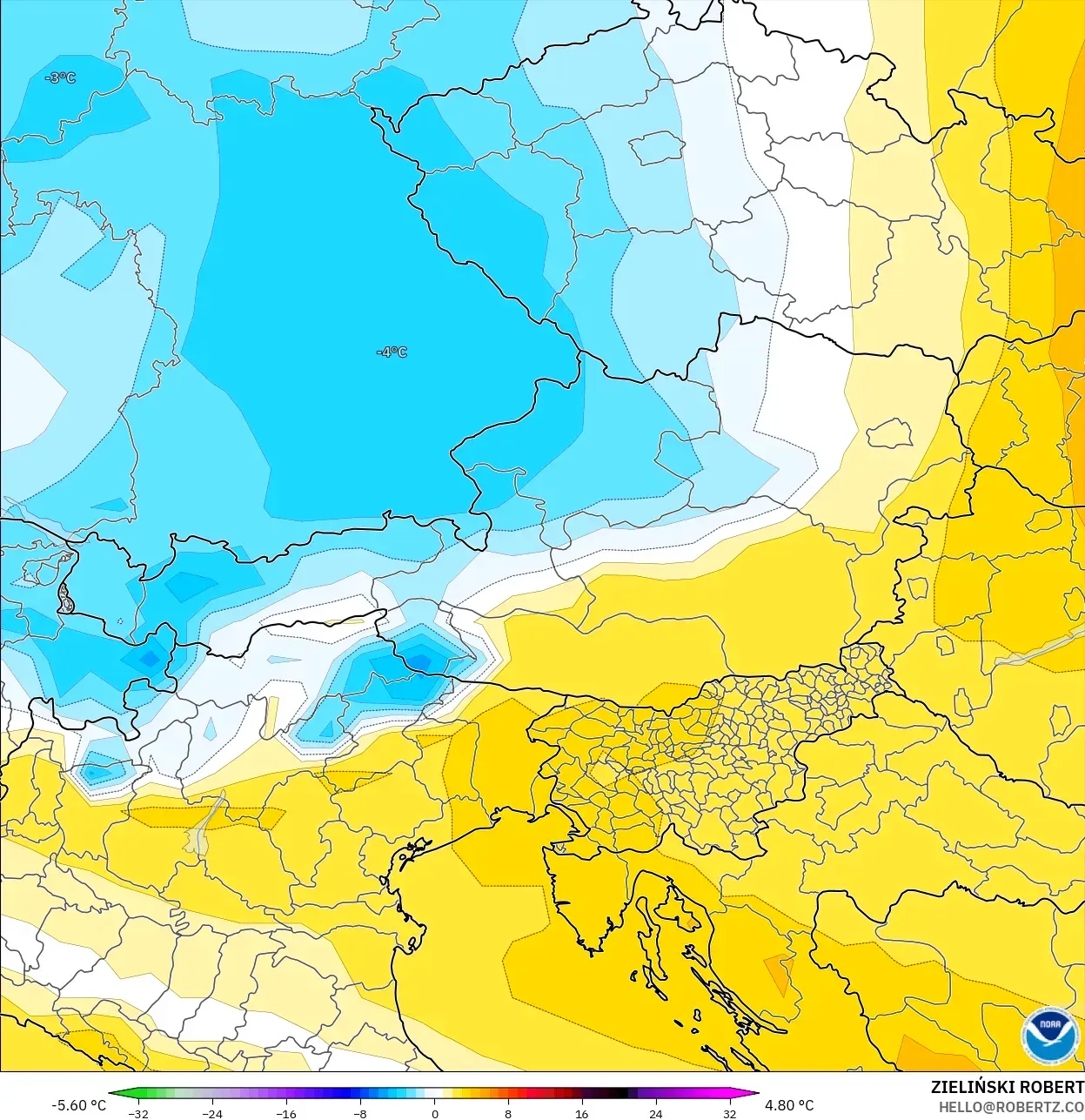 GFS modelo - Áustria, Anomalia de temperatura a 850 hPa