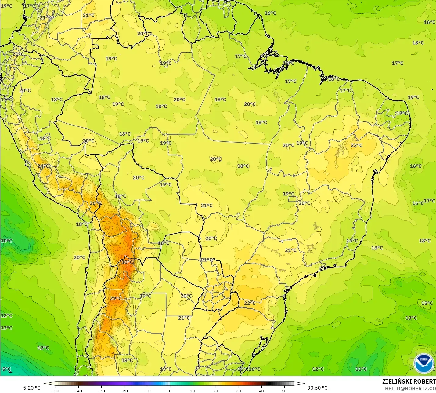 GFS modelo - Brasil, Temperatura a 850 hPa