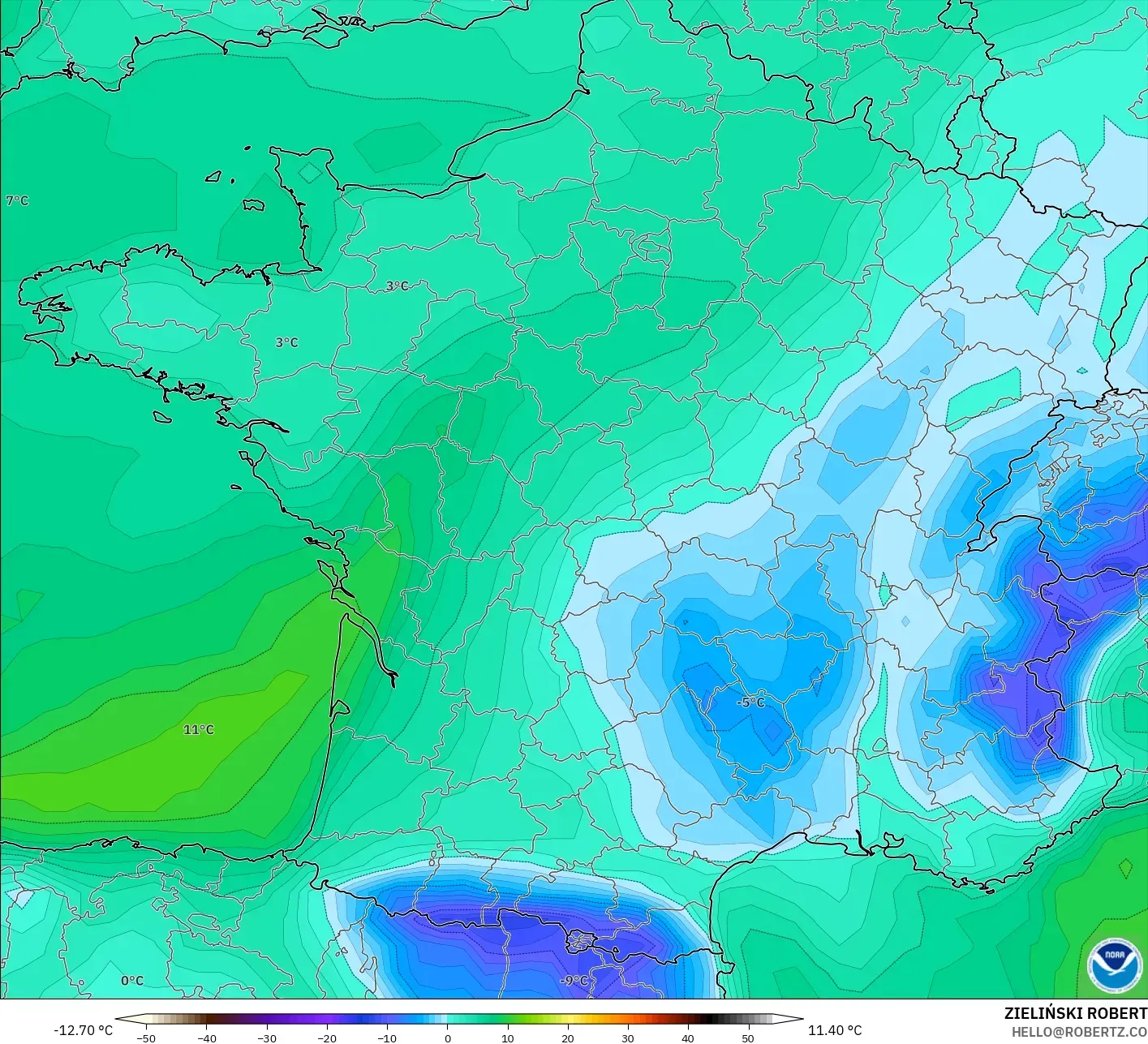 GFS modelo - França, Ponto de orvalho a 2 m