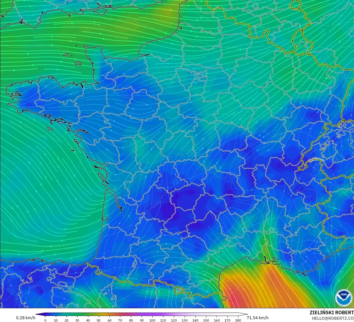 GFS modelo - França, Vento a 10 m
