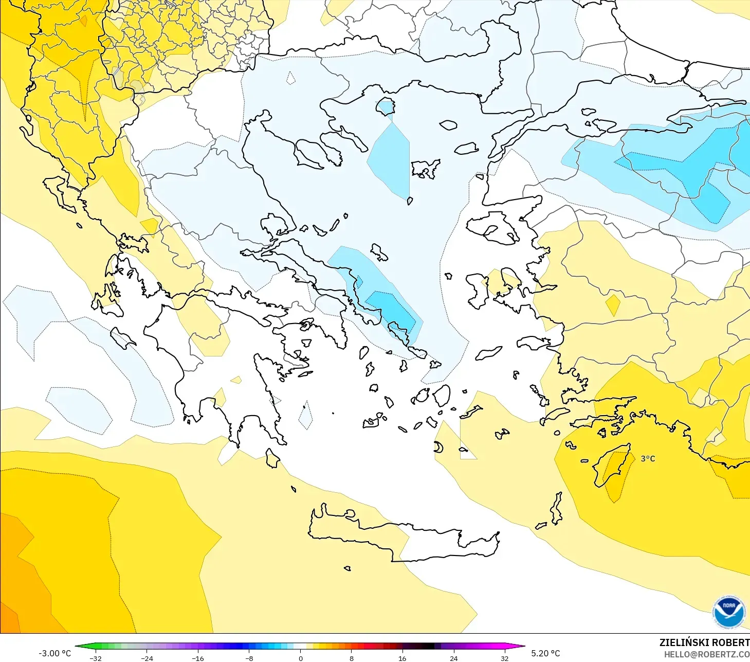 GFS modelo - Grécia, Anomalia de temperatura a 850 hPa