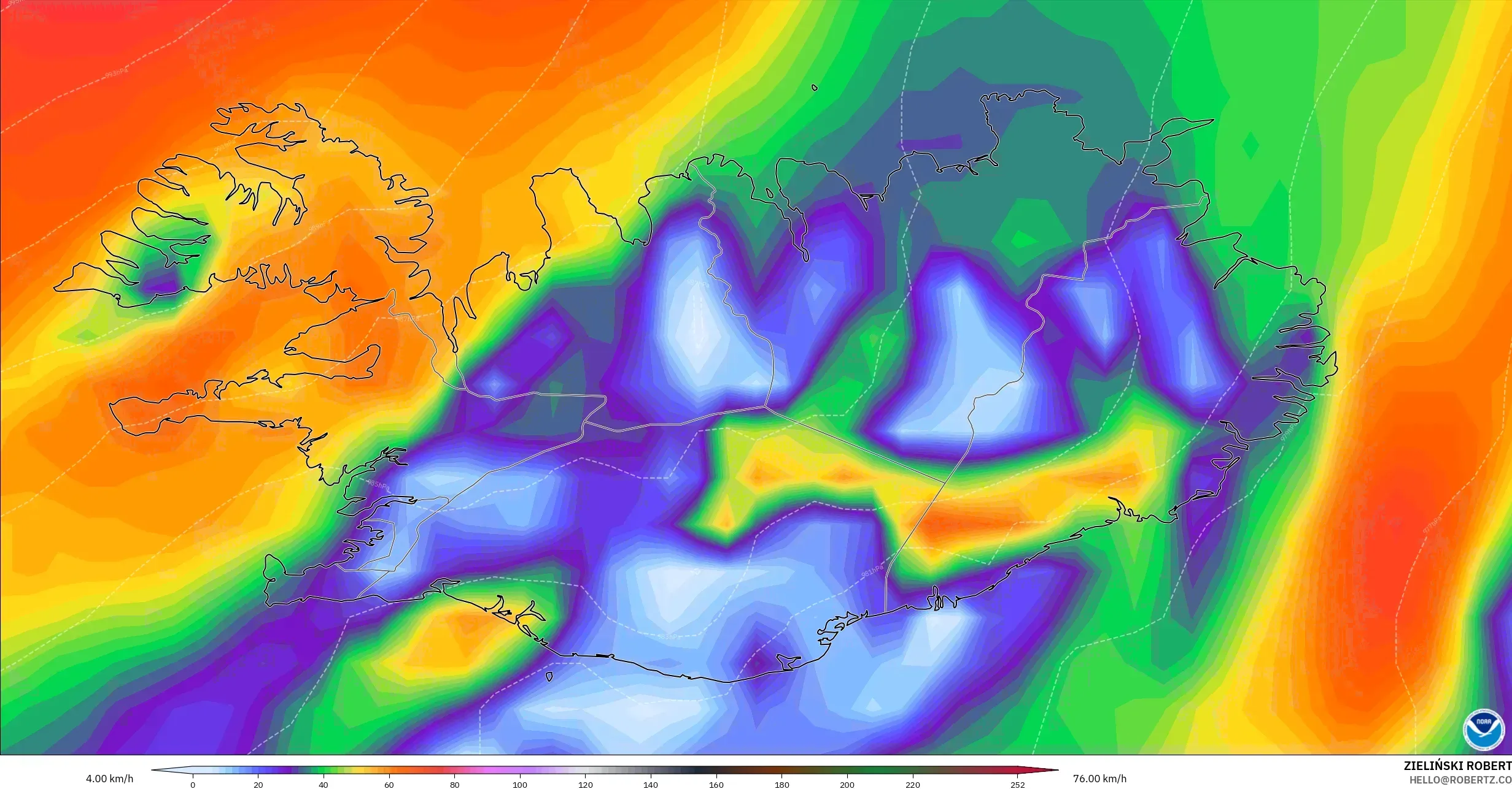 GFS modelo - Islândia, Rajadas de vento