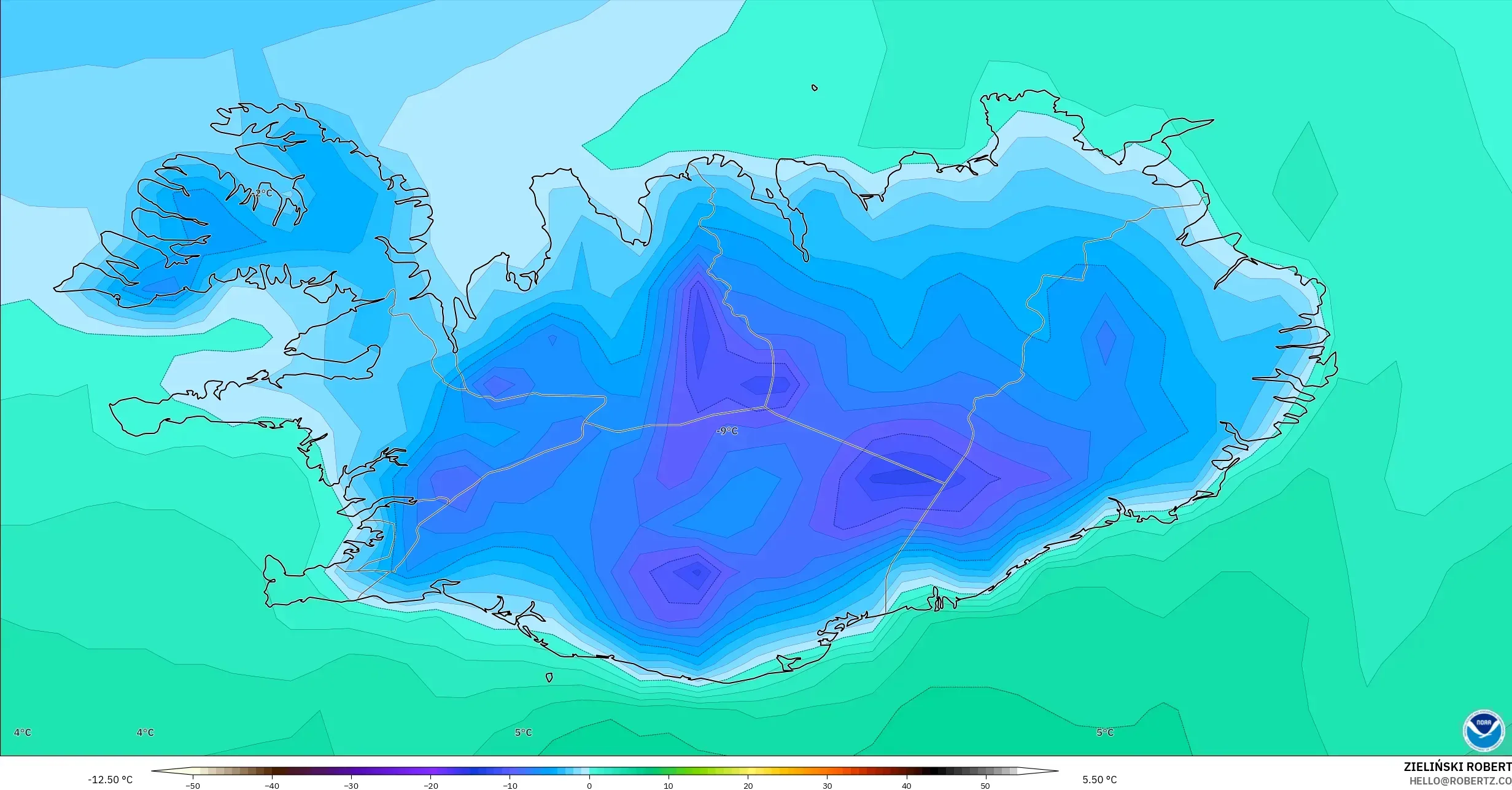 GFS modelo - Islândia, Temperatura a 2 m