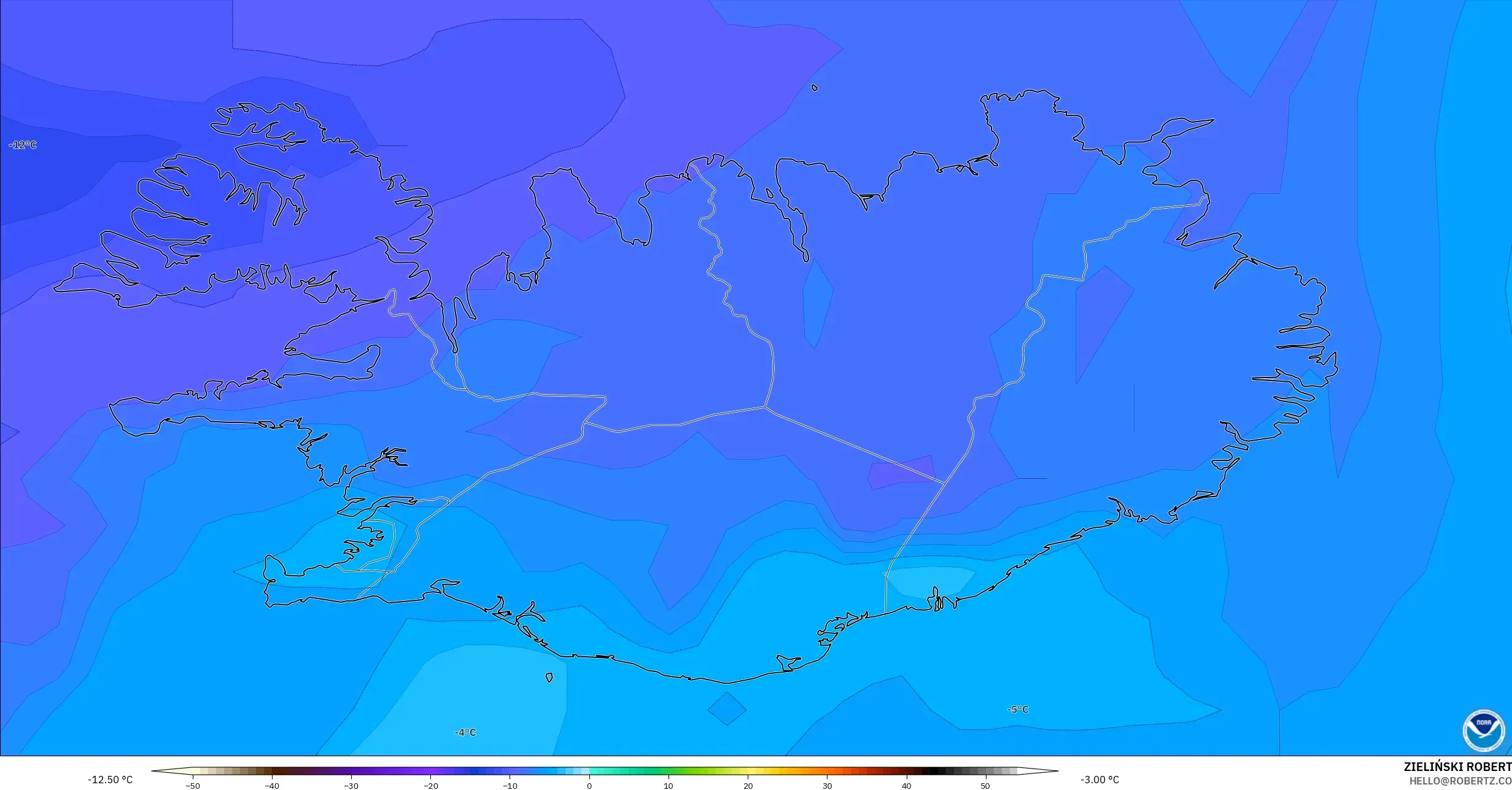 GFS modelo - Islândia, Temperatura a 850 hPa