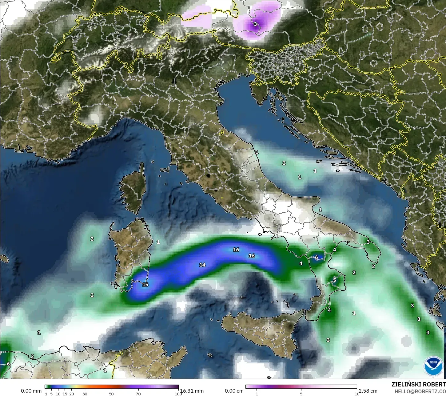 GFS modelo - Itália, Precipitação, nuvens e pressão