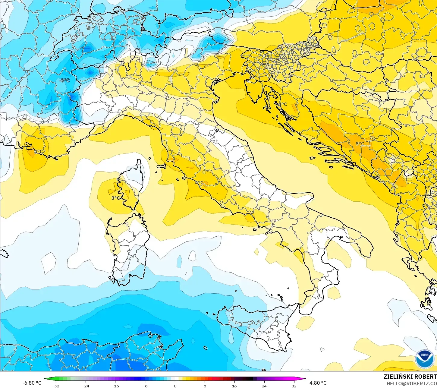GFS modelo - Itália, Anomalia de temperatura a 850 hPa