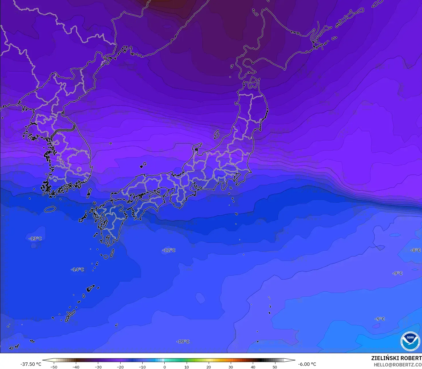 GFS modelo - Japão, Temperatura a 500 hPa