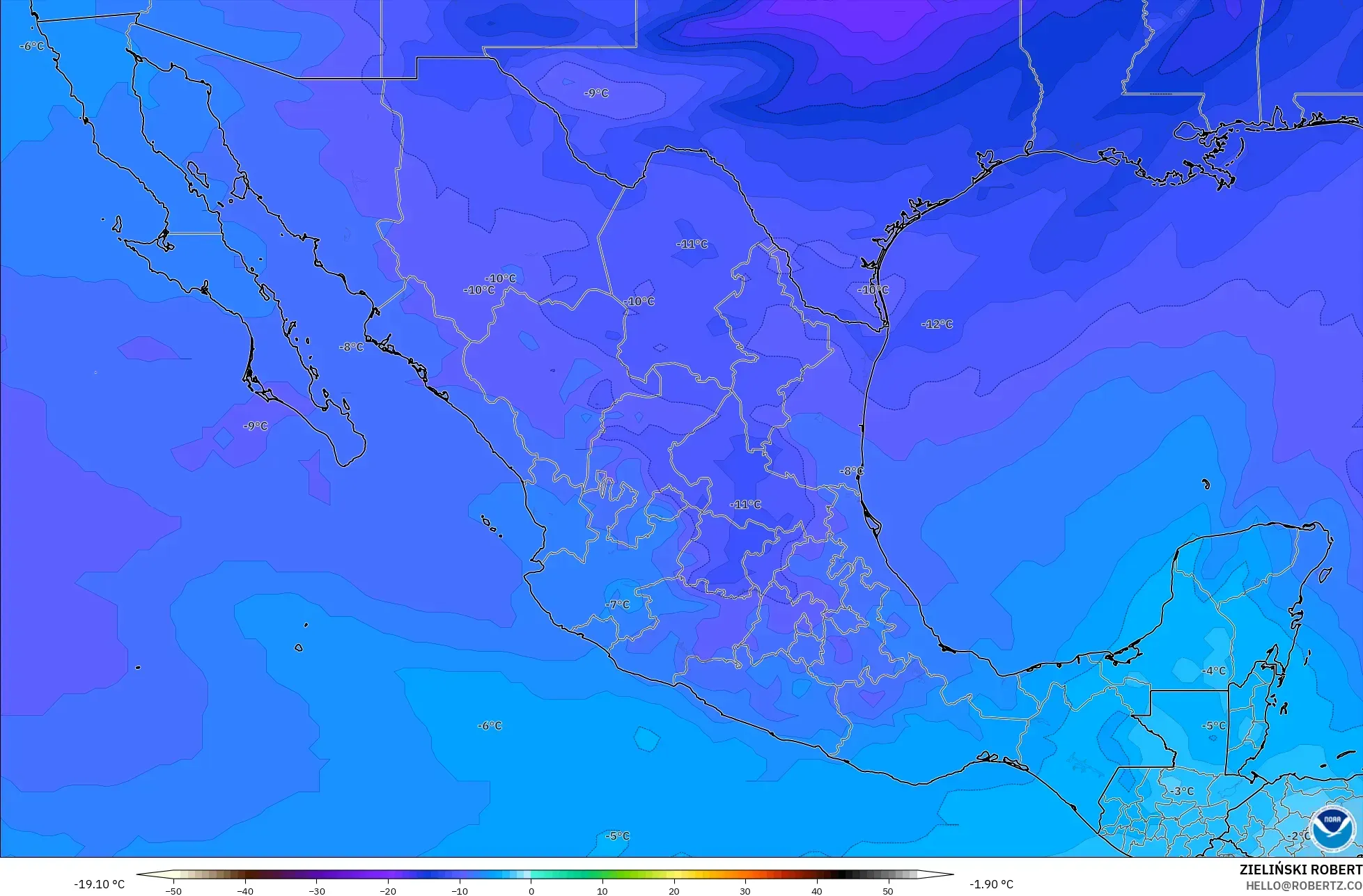 GFS modelo - México, Temperatura a 500 hPa