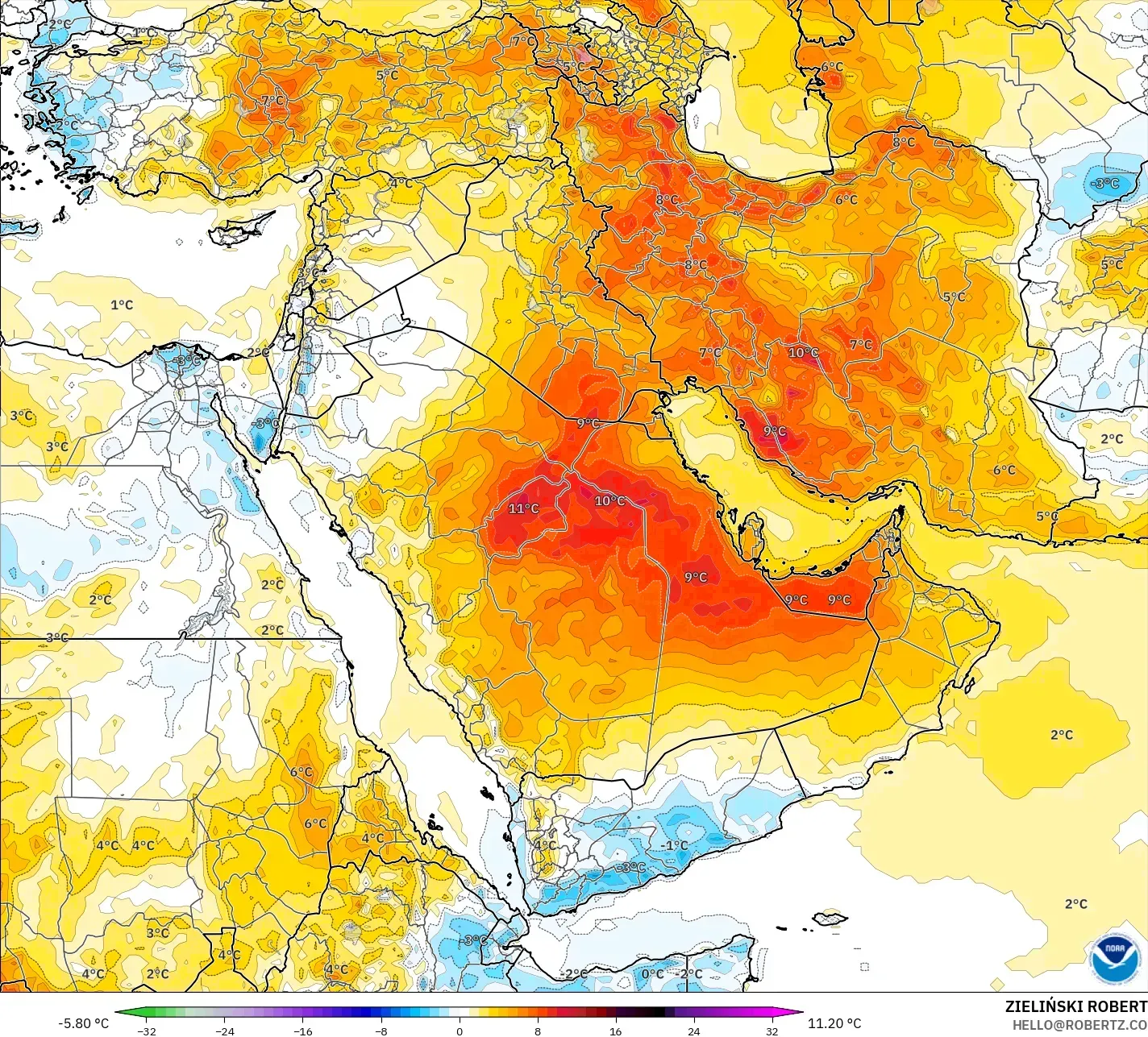 GFS modelo - Oriente Médio, Anomalia de temperatura a 2 m